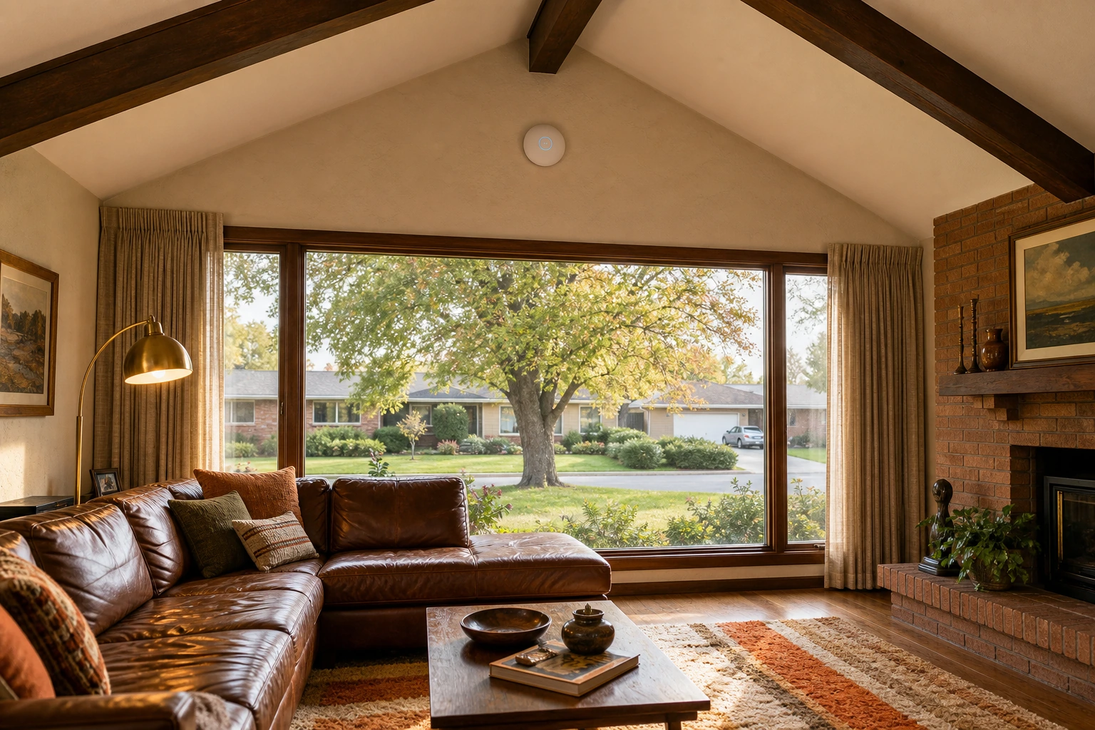 A UniFi U7 Pro access point mounted on the vaulted-ceiling gable wall of an Aurora Highlands late-1960s-through-1980s ranch bungalow main living room, with the PoE Cat6 backhaul fished down inside the gable-wall stud cavity to the unfinished basement directly below
