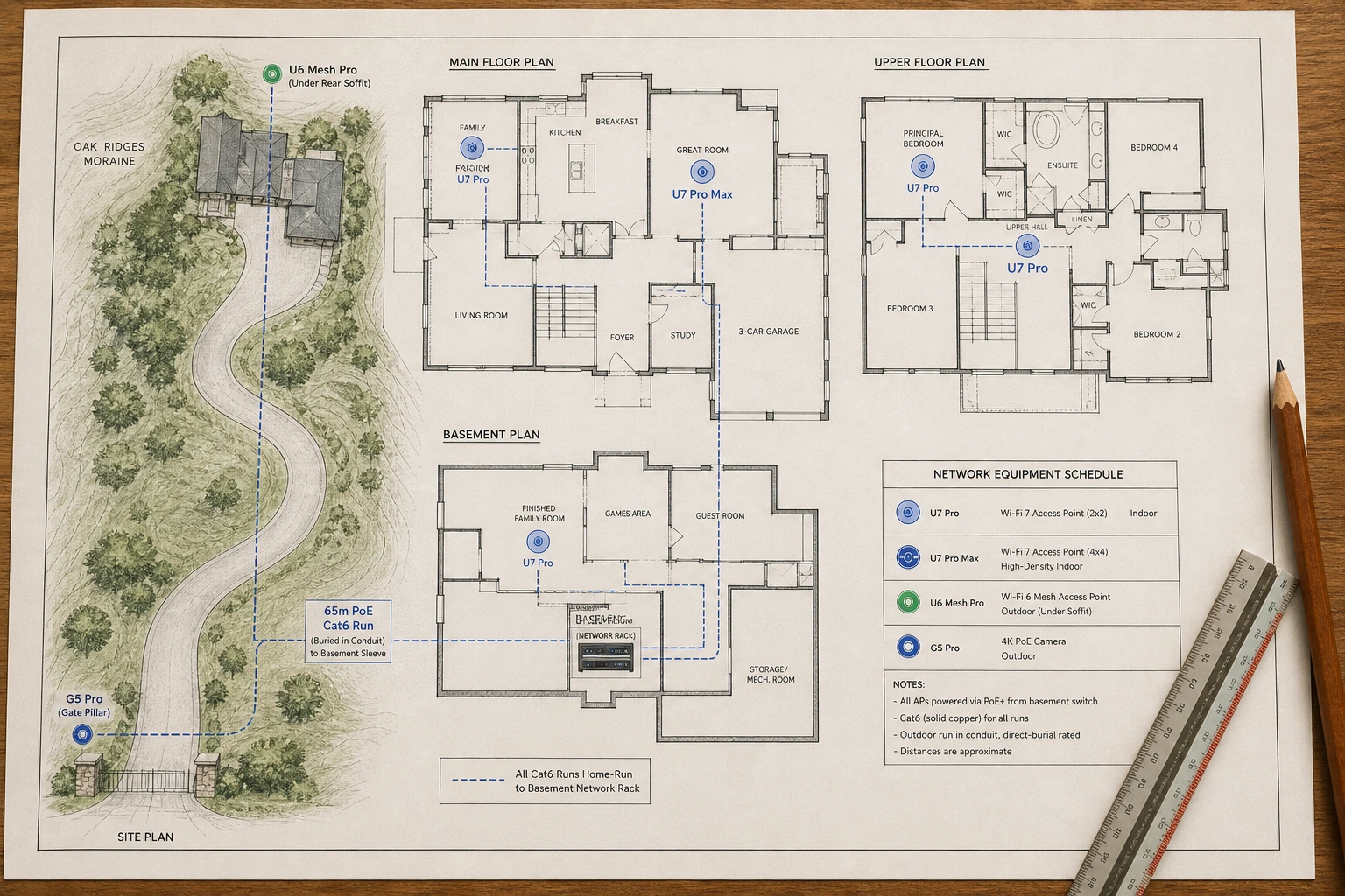 Floor-plan coverage map of a Hills of St. Andrew Aurora Georgian estate detached home showing UniFi U7 Pro and U7 Pro Max access point placement on each level, a winding-driveway-end Protect camera, and wired Cat6 backhaul to a basement rack
