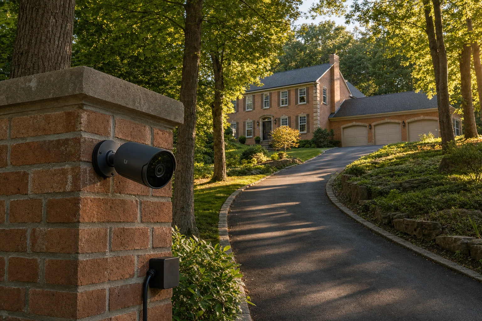 UniFi Protect G5 Pro camera on a Hills of St. Andrew Aurora winding-driveway pillar with a long PoE Cat6 run climbing the Oak Ridges Moraine ridge approach to a 1970s-through-1990s Georgian-brick executive detached home near the St. Andrew's College campus