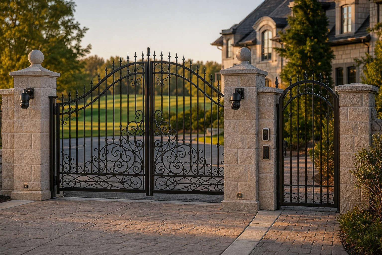 An Angus Glen golf-course estate driveway and gate showing two UniFi Protect G5 Pro cameras and a UniFi Access reader at the pedestrian entry, with golf-course fairway softly defocused beyond &mdash; Markham installation by SetupTeam