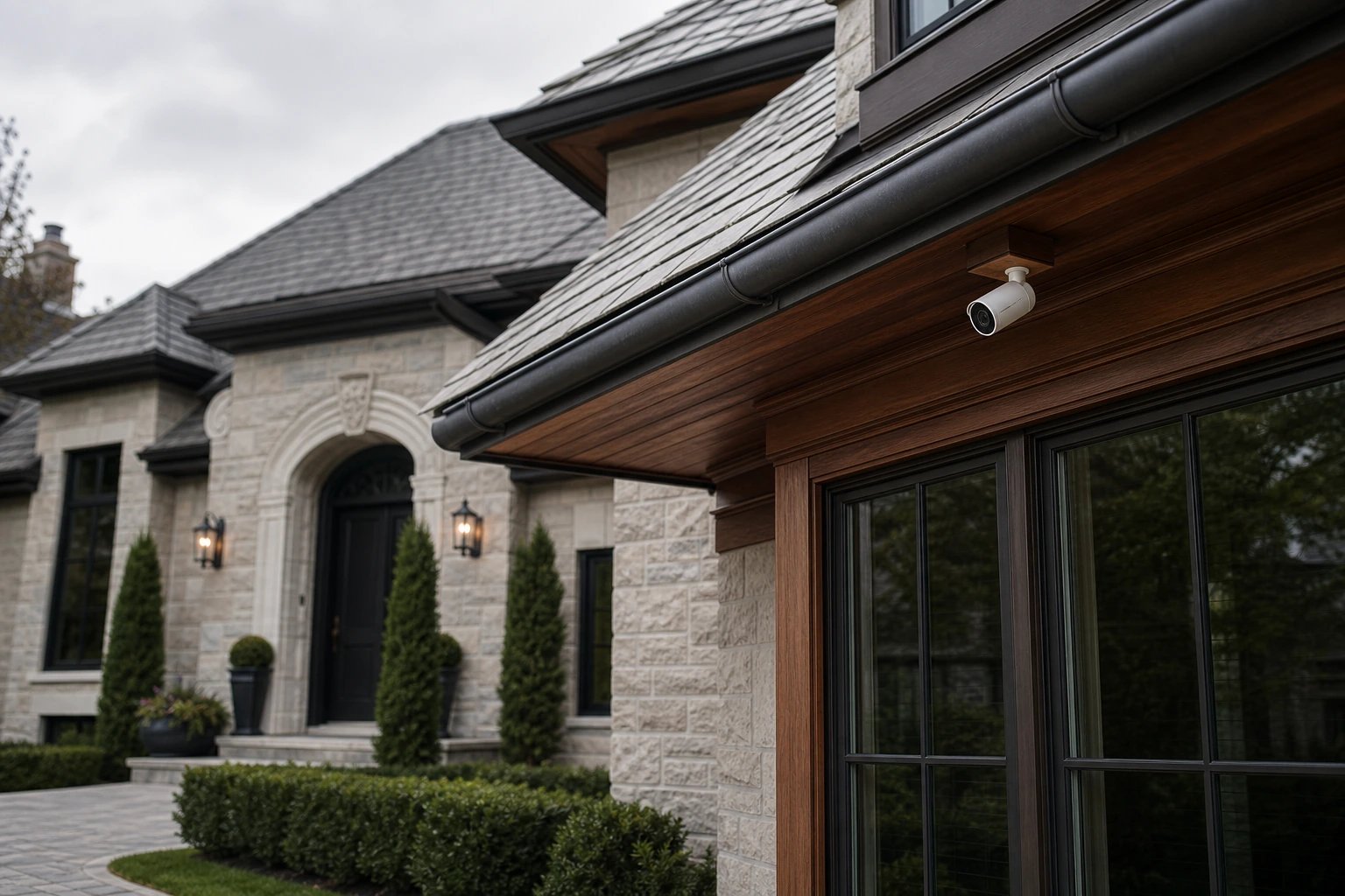 A UniFi Protect G5 Bullet camera mounted to a stained cedar soffit under the limestone-clad eave of a Cathedraltown European-village home, slate roofline visible above &mdash; Markham installation by SetupTeam