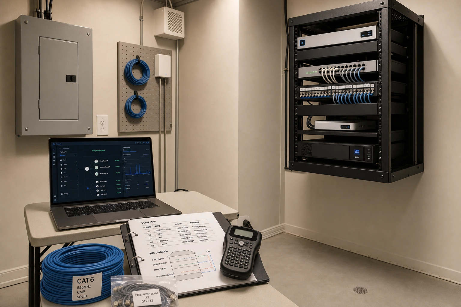 A UniFi controller dashboard on a laptop next to a labelled 12U wall-mount rack and printed handoff binder, documenting VLAN configuration and AP placement for a Markham multi-suite residence