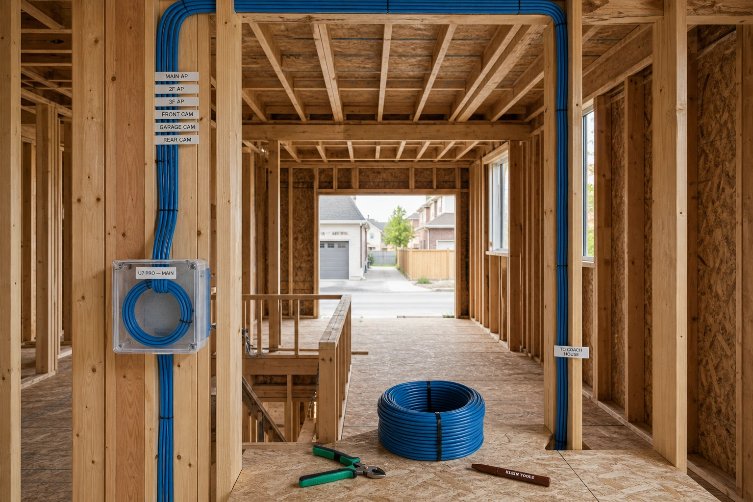 Framing-stage rough-in of Cat6 backhaul running from a Cornell main residence basement utility room across a rear laneway to a coach house, with junction boxes set for U7 Pro and Protect cameras &mdash; Markham installation by SetupTeam