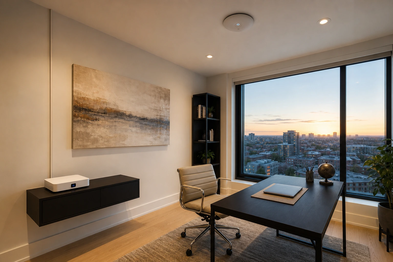 A Yonge and Highway 7 corridor luxury condo home office in Markham, showing a UniFi Dream Router 7 on a console and a single U7 Pro ceiling access point above the workspace, mid-rise Markham skyline beyond the floor-to-ceiling window &mdash; installed by SetupTeam