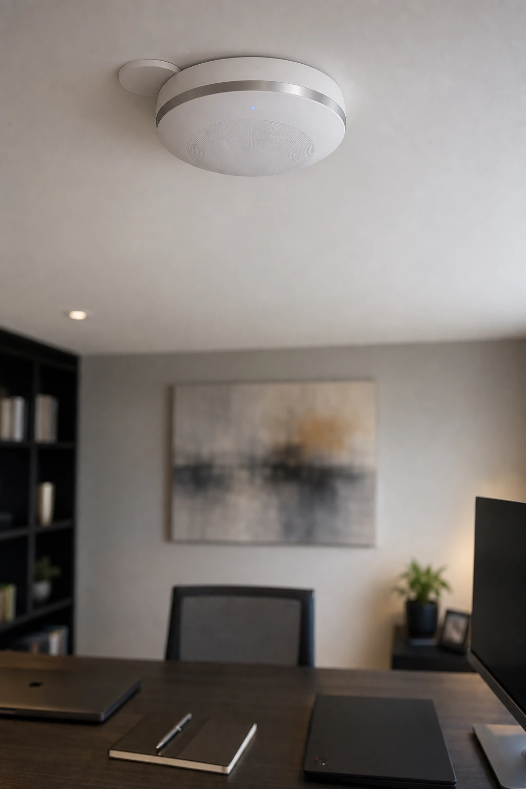 Close-up of a UniFi U7 Pro Max Wi-Fi 7 access point ceiling-mounted in a Markham tech-corridor executive home office, brushed-aluminum housing visible with Cat6 PoE backhaul &mdash; installed by SetupTeam