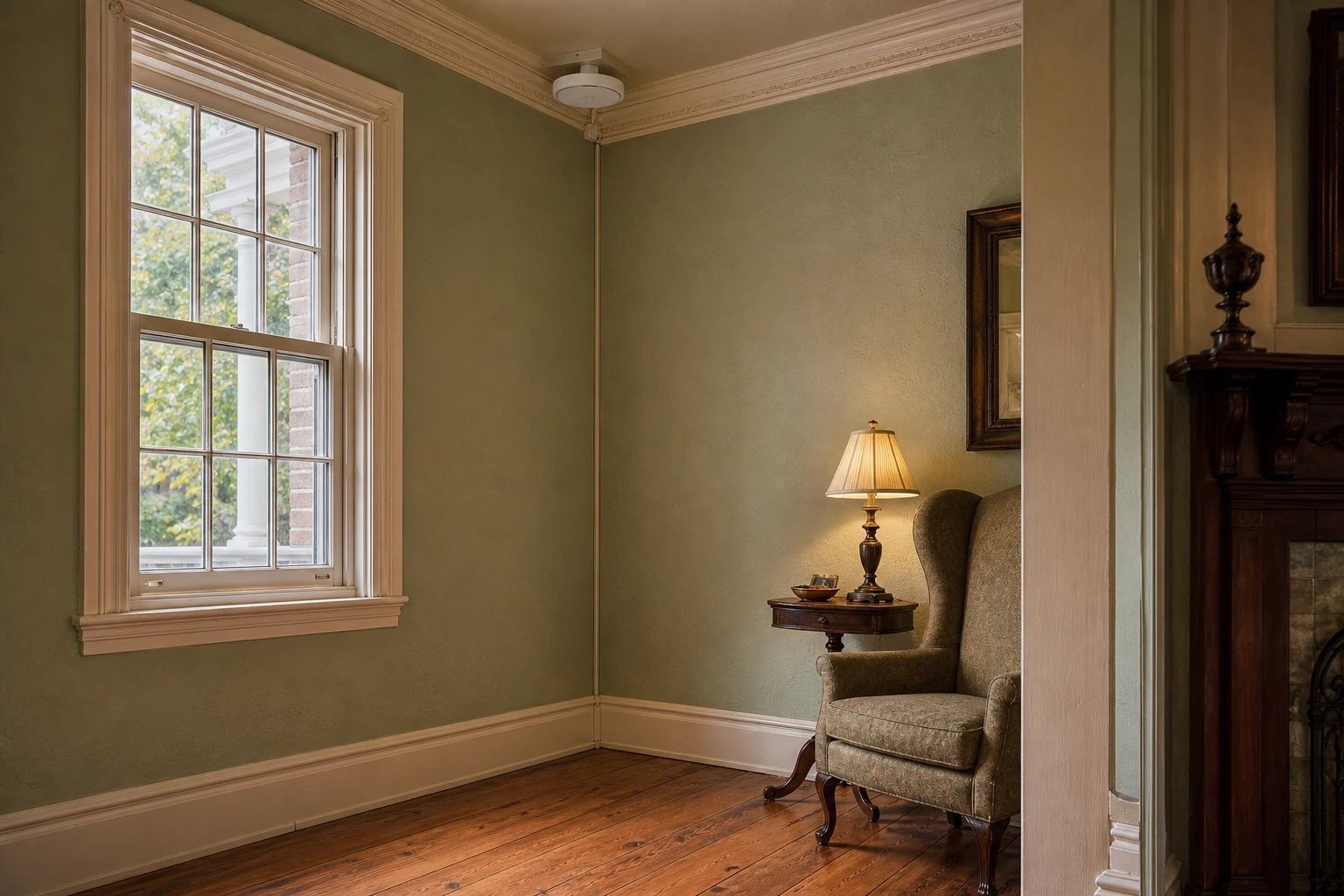 A Unionville Main Street heritage home interior, showing a colour-matched baseboard raceway carrying Cat6 to a discreet ceiling-junction-mount U6 Pro access point, original lath-and-plaster trim preserved &mdash; Markham installation by SetupTeam