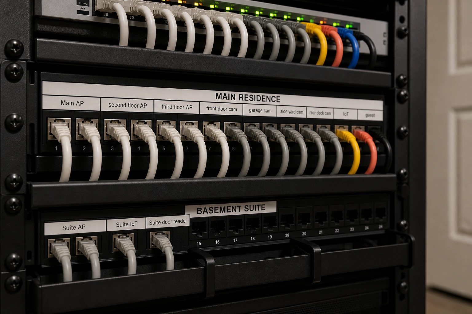 Basement utility room of a Wismer Commons multi-generational home, showing a labelled Cat6 patch panel split between main residence and in-law suite VLANs feeding U7 Pro access points on each level &mdash; Markham installation by SetupTeam