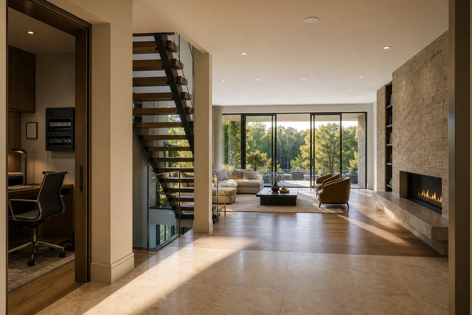 Wide-angle view of a Lorne Park Mississauga detached home main floor with discreet U7 Pro AP placement and a wall-mounted UniFi rack visible in a study off the foyer