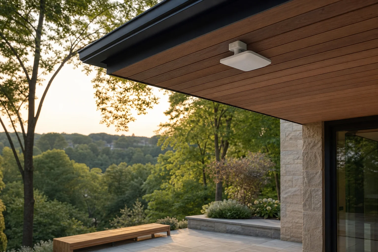 UniFi U7 Outdoor access point flush-mounted to the eave of a Lorne Park estate home overlooking a mature ravine lot in Mississauga