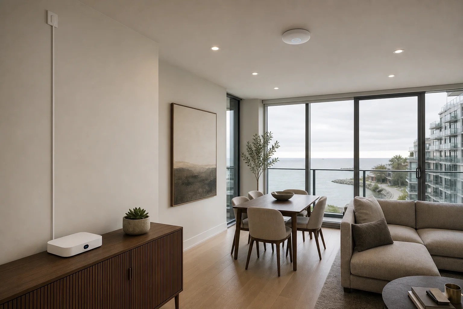 UniFi U7 Pro ceiling AP and a UniFi Cloud Gateway Ultra in a Port Credit lakefront condo with the Lake Ontario view behind, Mississauga installation by SetupTeam