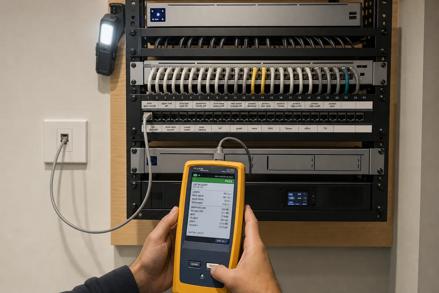 SetupTeam installer Fluke-testing a Cat6 run during a UniFi installation in a Mississauga home