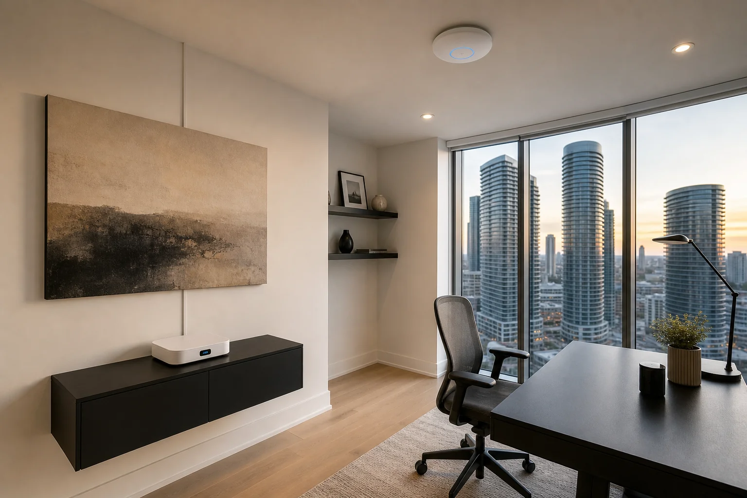 UniFi Dream Router 7 on a console with a single U7 Pro ceiling AP in a Square One Mississauga concrete-slab condo suite