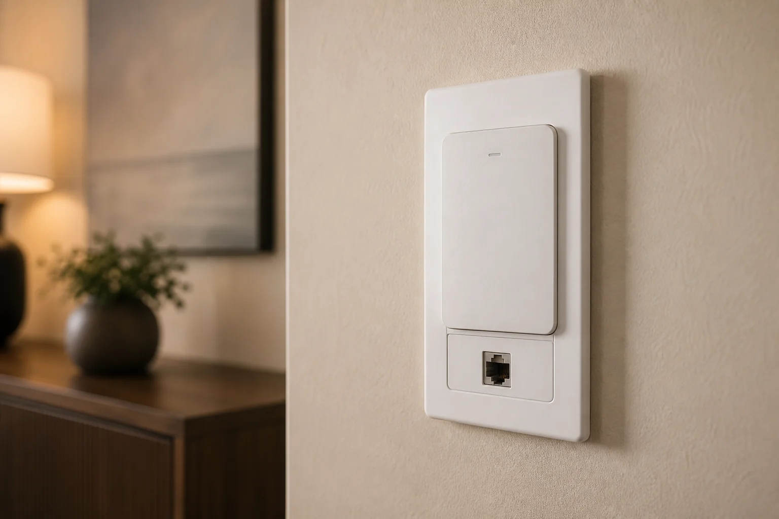 UniFi U7 In-Wall access point detail showing the Cat6 keystone pass-through and PoE input on a Mississauga home wall