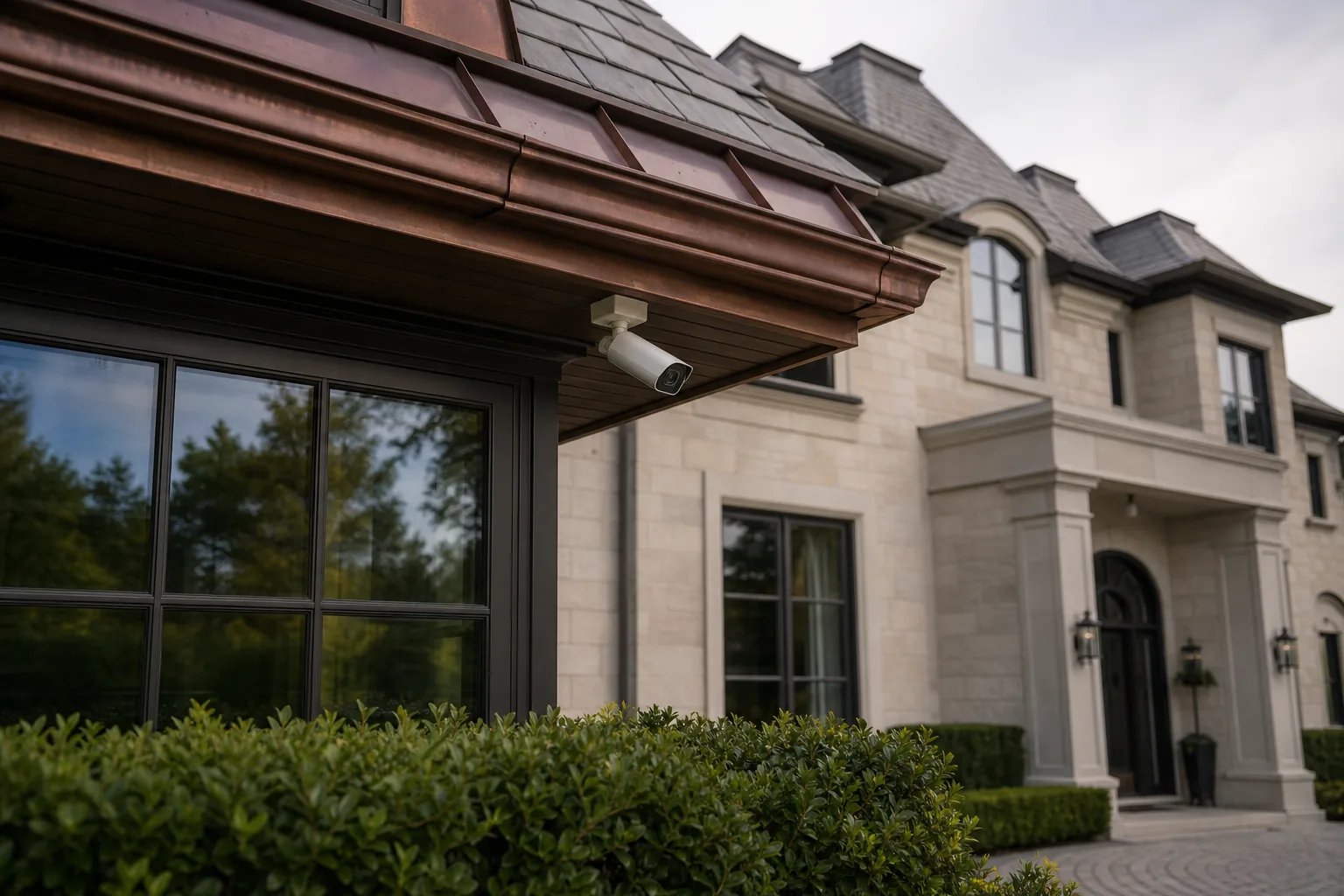 A UniFi Protect G5 Pro bullet camera mounted under the eave of a Bridle Path estate home, with Cat6 PoE drop and weather-rated outdoor enclosure