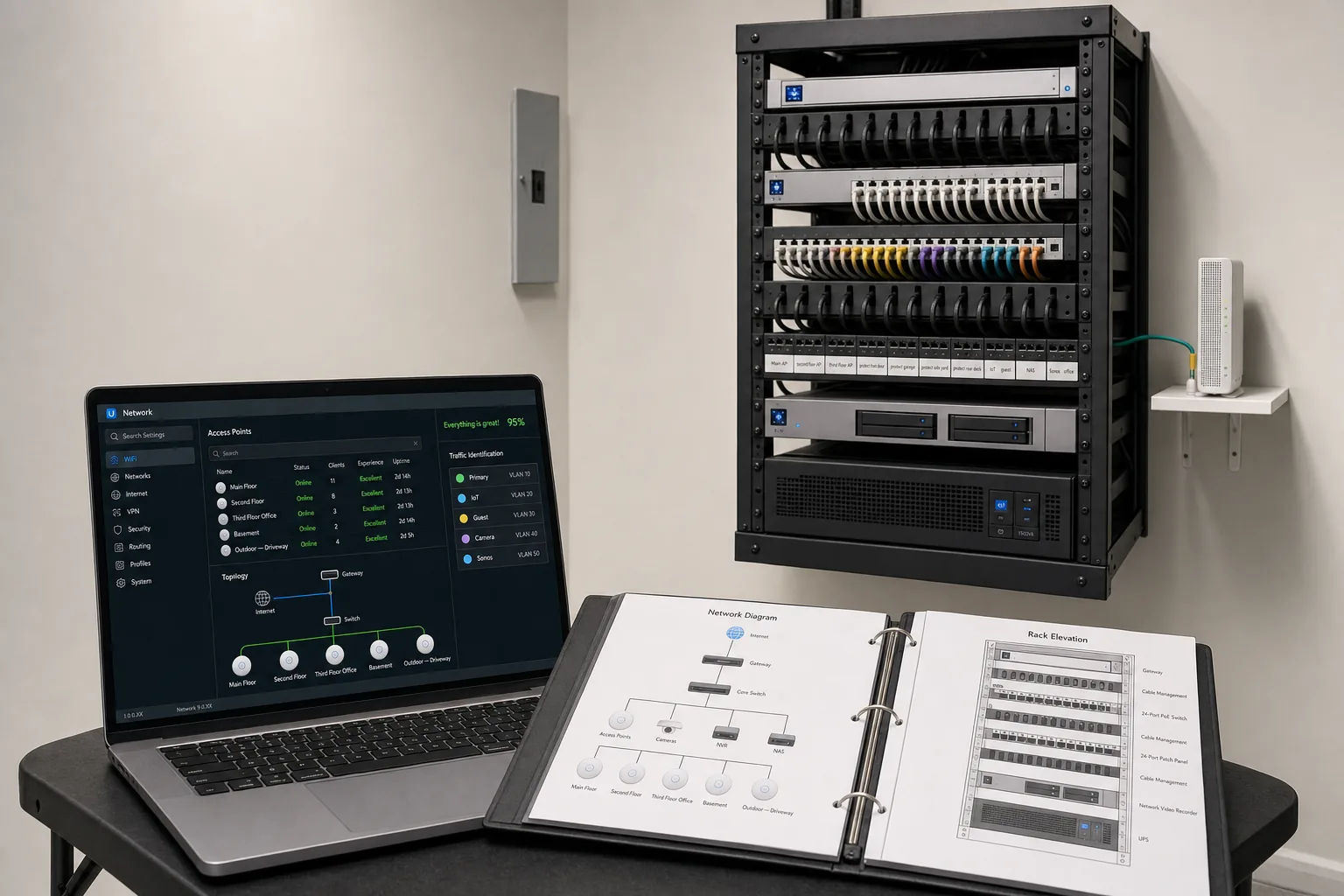 A UniFi controller dashboard on a laptop next to a labelled 12U wall-mount rack and printed handoff binder, documenting VLAN configuration and AP placement for a North York residence