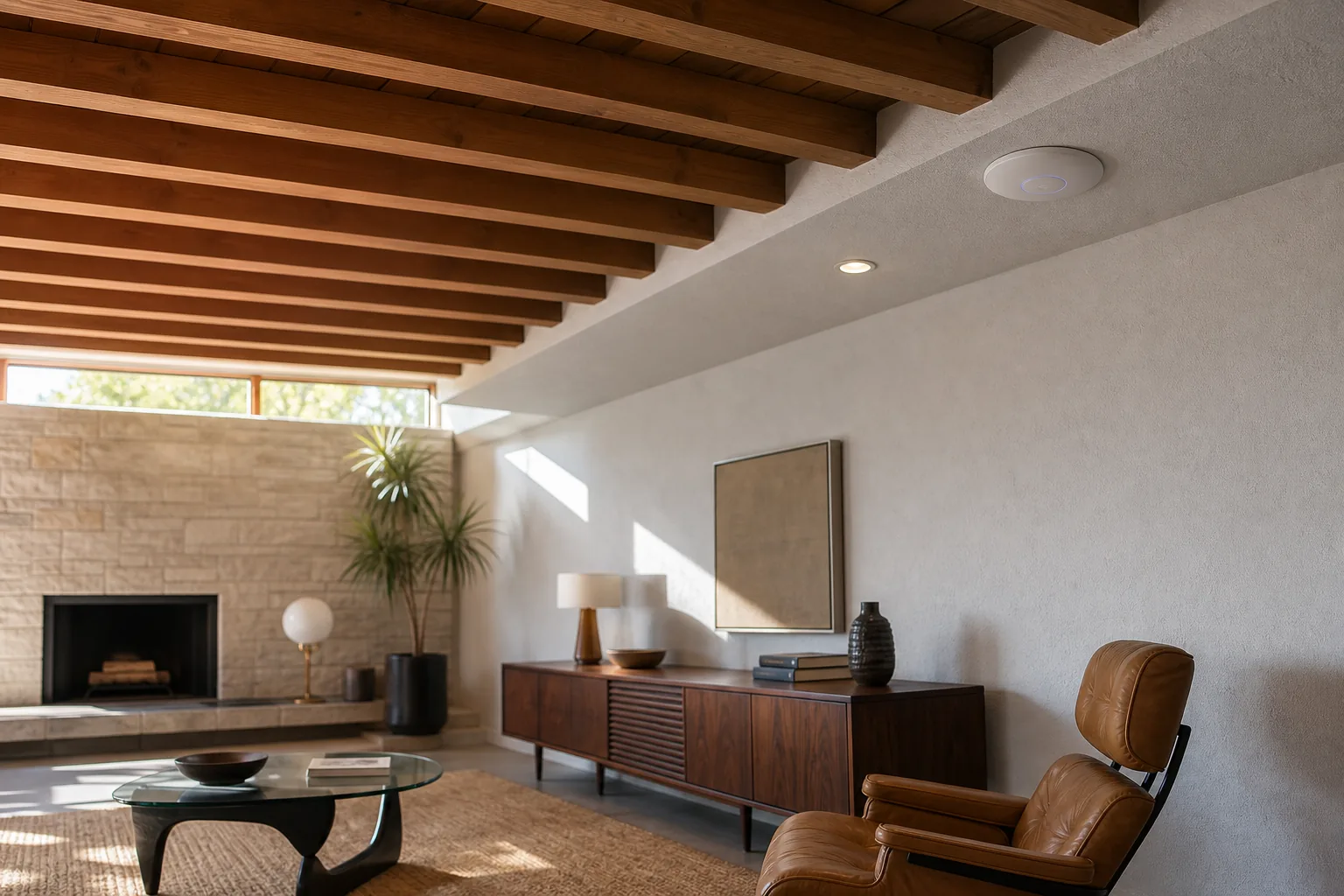 A U7 Pro UniFi access point flush-mounted to the soffit of a Don Mills mid-century home with post-and-beam ceiling, concealed Cat6 backhaul routed through the soffit cavity