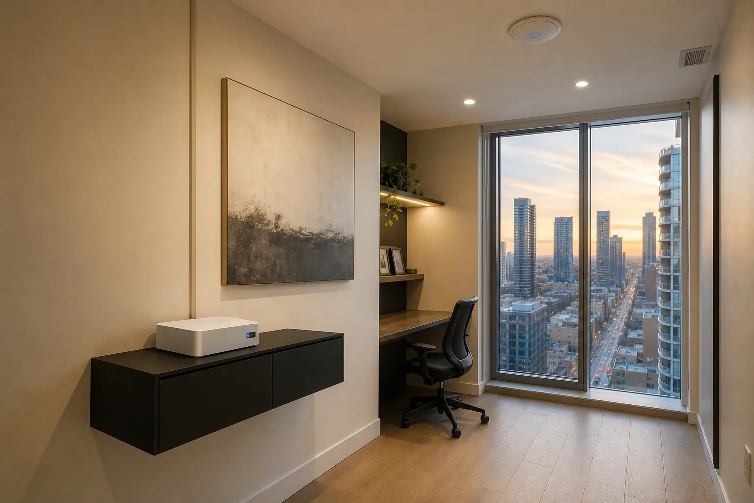 A UniFi Dream Router 7 and a single U7 Pro ceiling access point installed in a Willowdale condo on Yonge Street, replacing a Bell HH4000 gateway