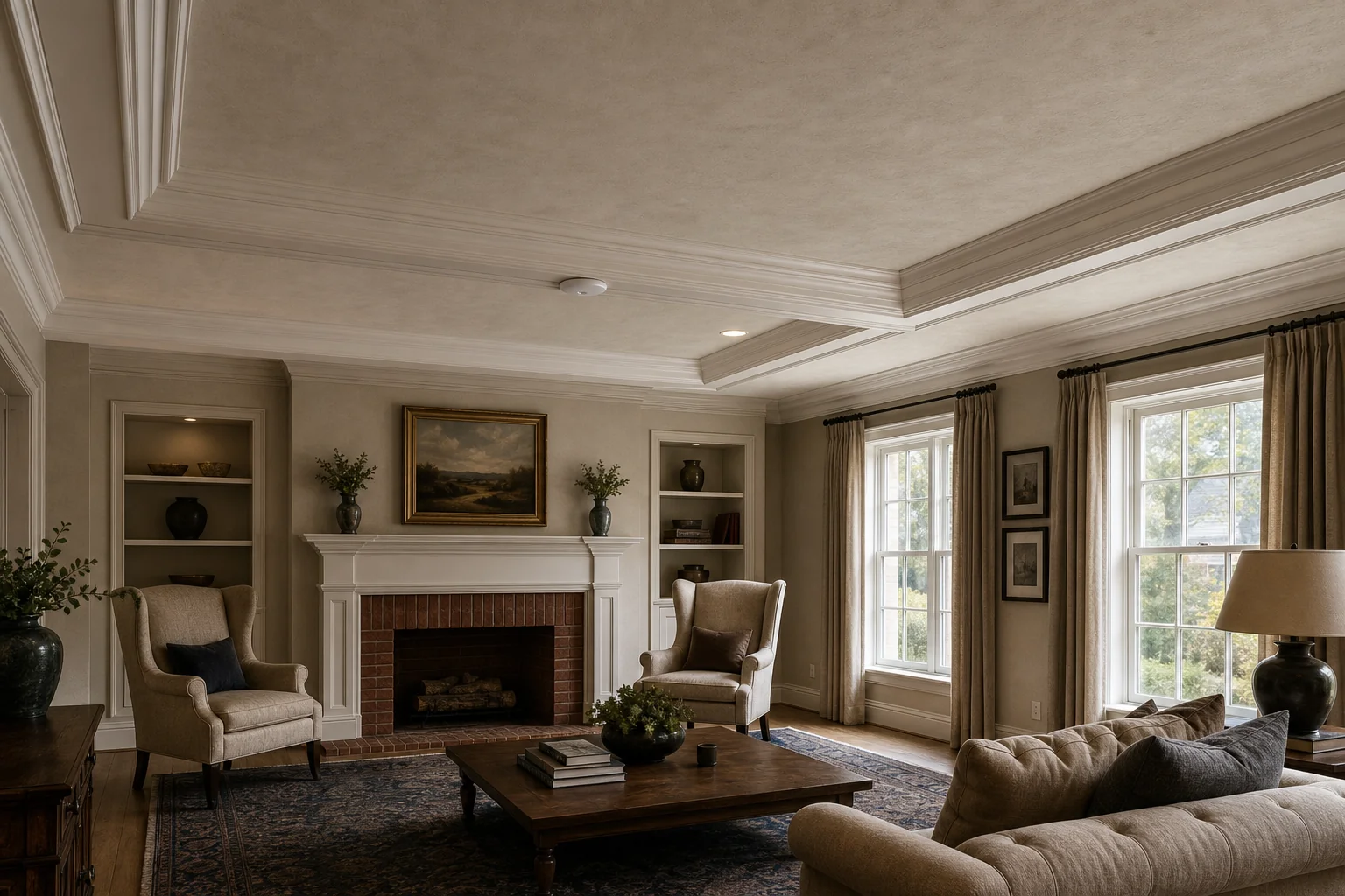 A UniFi U7 Pro access point flush-mounted to the formal-living-room ceiling of a Bayview Hill 1990s Georgian Revival estate detached home, with concealed Cat6 backhaul routed through the chase &mdash; Richmond Hill installation by SetupTeam