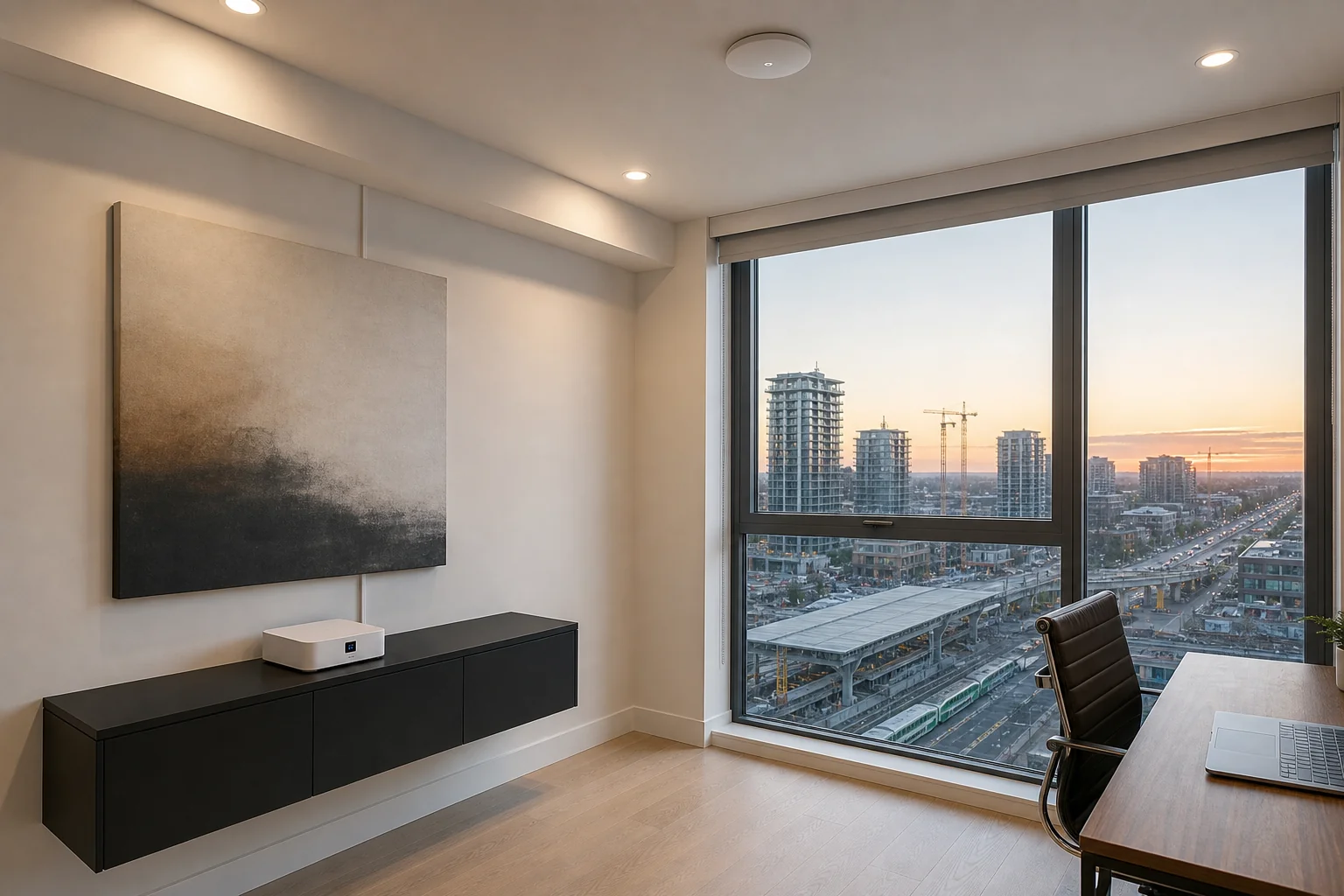 A UniFi Dream Router 7 and a single U7 Pro ceiling access point installed in a Richmond Hill Centre condo at Yonge and Highway 7, replacing a Beanfield-supplied gateway, with a window view onto the under-construction Yonge North Subway corridor &mdash; installed by SetupTeam