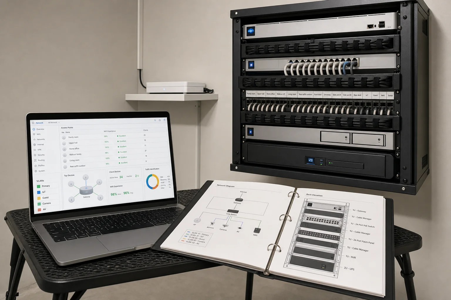 A UniFi controller dashboard on a laptop next to a labelled 12U wall-mount rack and a printed handoff binder, documenting VLAN configuration and access point placement for a Bayview Hill Richmond Hill residence