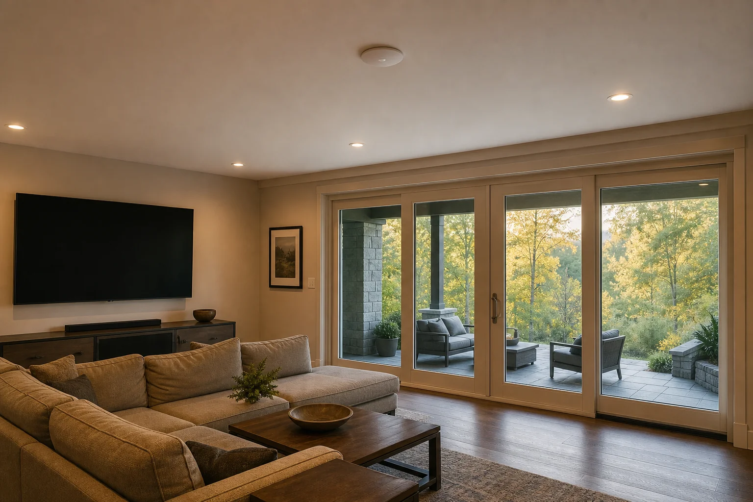 A UniFi U7 Pro access point flush-mounted to the walkout-basement ceiling of a Jefferson Richmond Hill detached home, with a ravine view through the rear patio doors &mdash; installed by SetupTeam