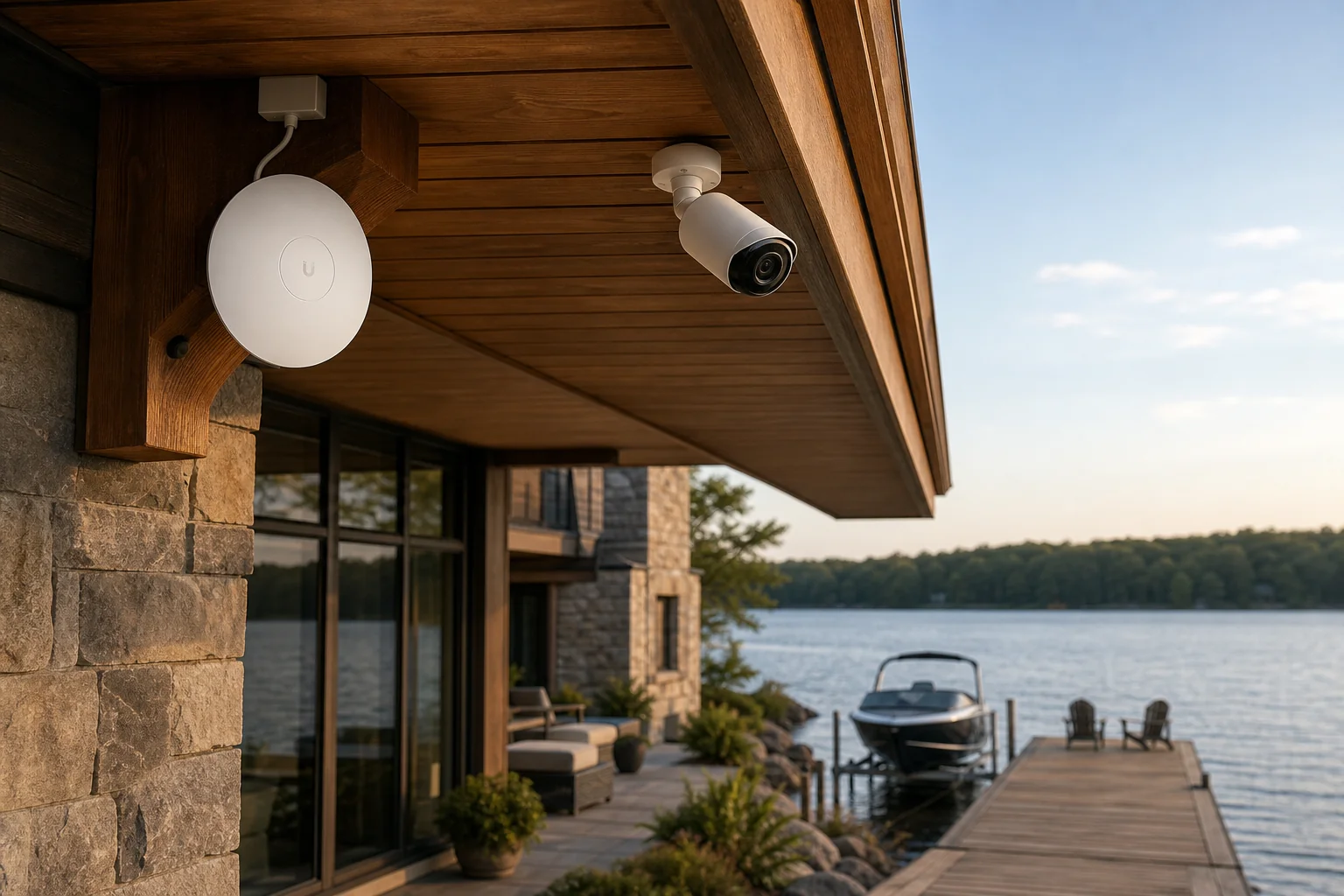 Outdoor UniFi U6 Mesh Pro access point mounted to the rear soffit of a Lake Wilcox lakefront teardown-rebuild custom home, with Cat6 PoE drop and a UniFi Protect G5 Bullet camera covering the dock and boat lift &mdash; Richmond Hill installation by SetupTeam