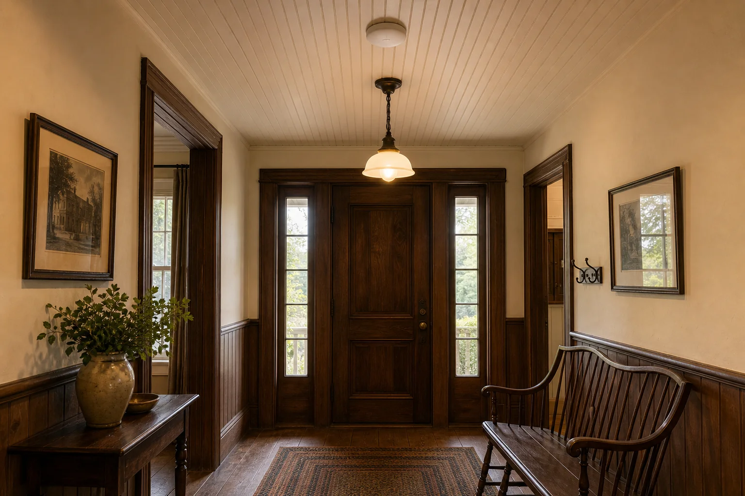 A UniFi U6 Pro access point flush-mounted to the painted interior soffit of a Mill Pond Colonial Revival heritage home in Richmond Hill, with concealed Cat6 backhaul respecting the heritage interior detailing &mdash; installed by SetupTeam