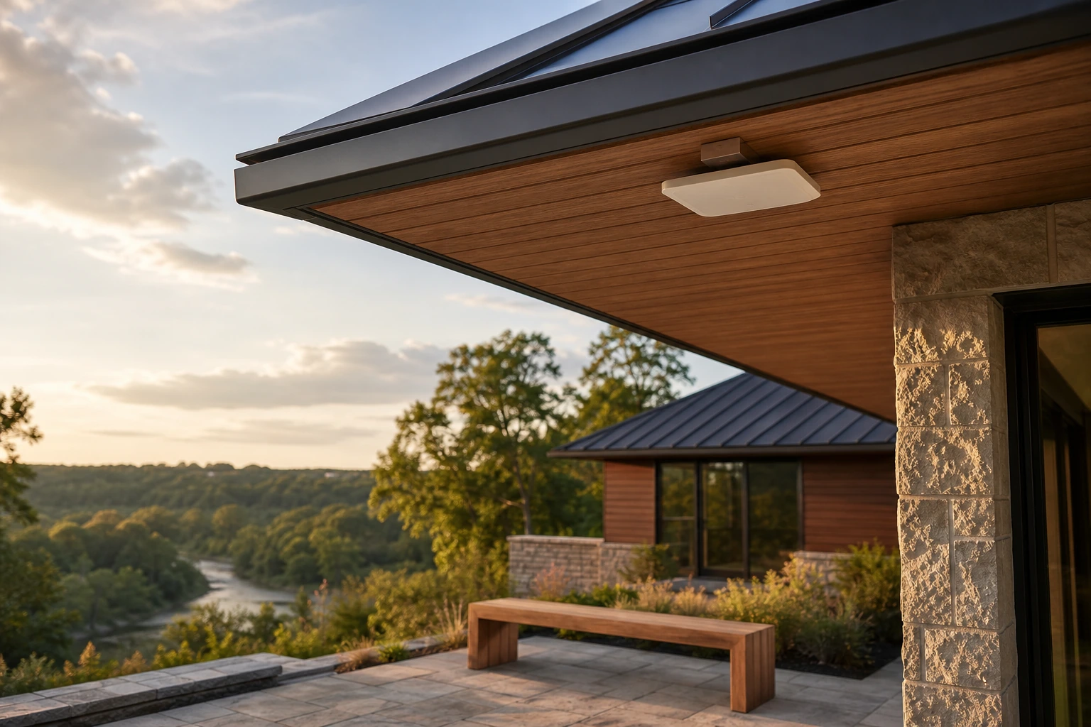 UniFi U7 Outdoor access point flush-mounted to the eave of a Kleinburg estate home overlooking a Humber River valley ravine lot in Vaughan
