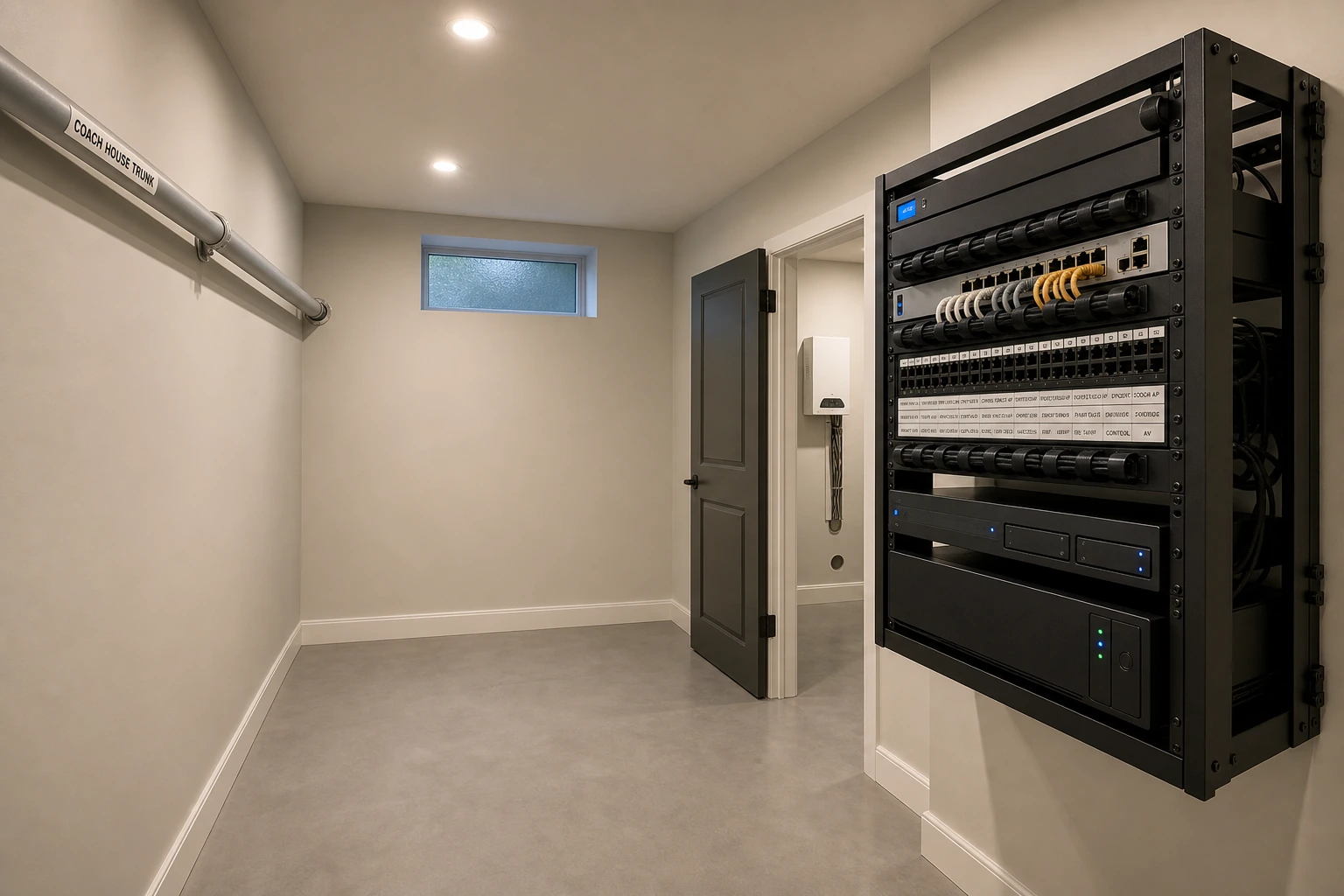 Wide-angle view of a Kleinburg Vaughan estate equipment room with a UDM Pro Max rack and a coach-house Cat6 trunk leaving the wall to a separate building