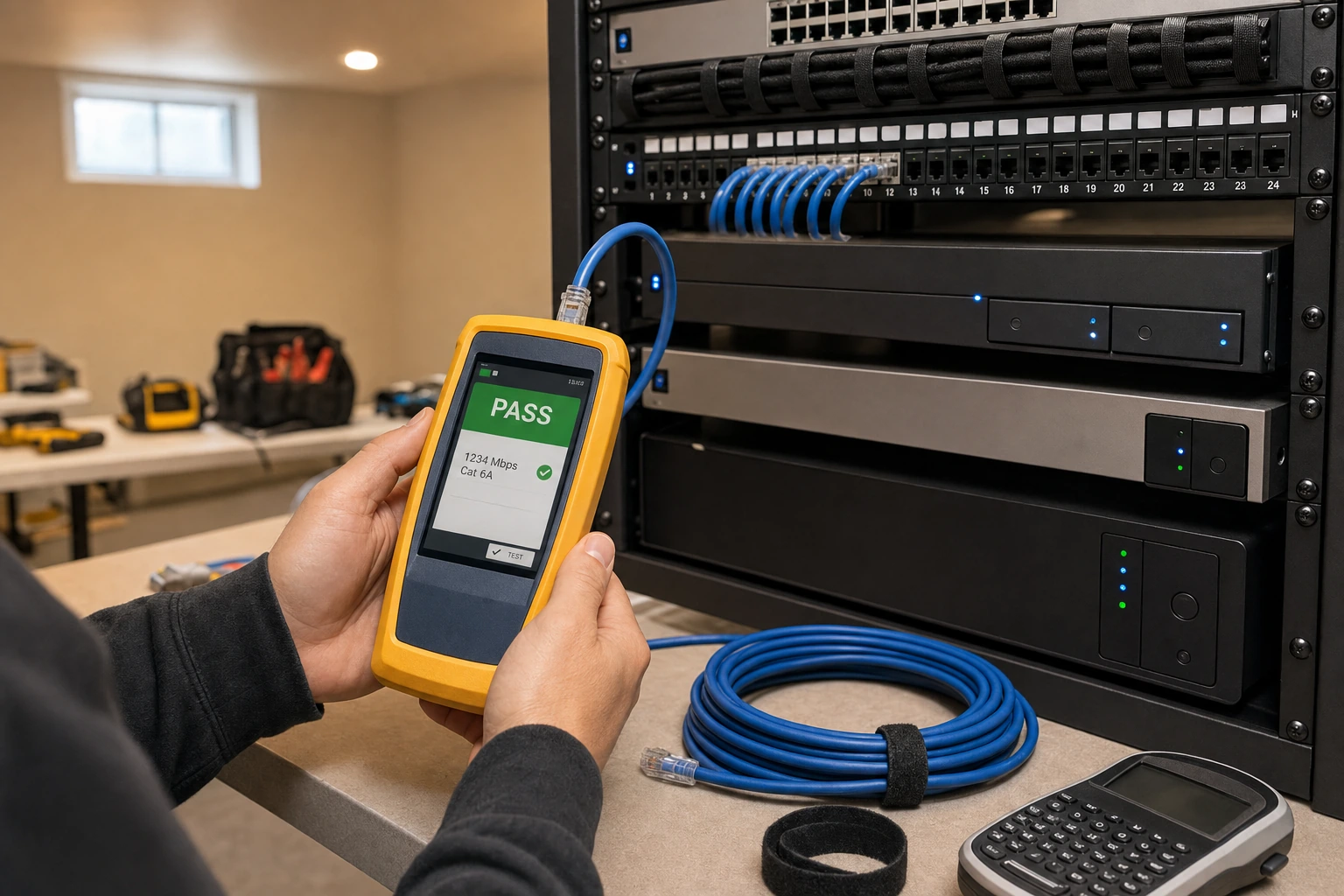 SetupTeam installer Fluke-testing a Cat6 run during a UniFi installation in a Vaughan home