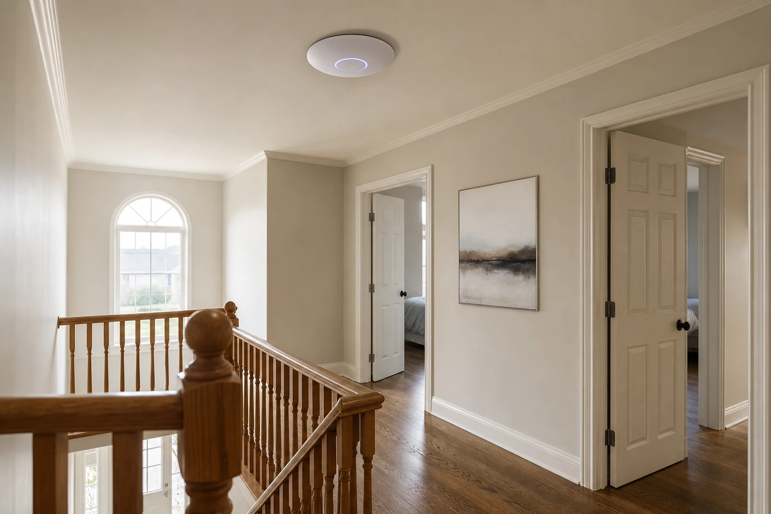 UniFi U7 Pro access point ceiling-mounted in the upper hallway of a Thornhill Woods two-storey detached home in Vaughan