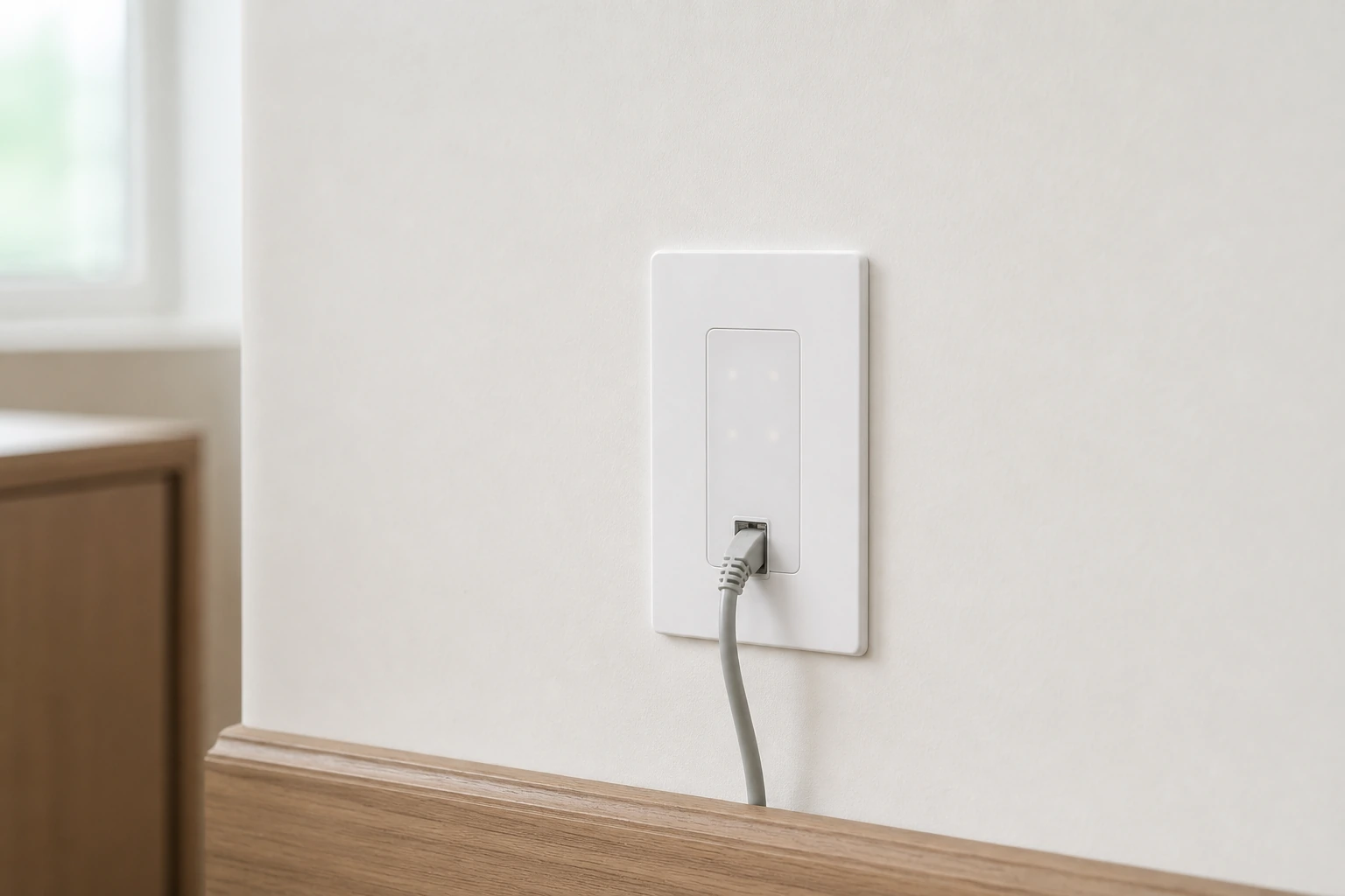 UniFi U7 In-Wall access point detail showing the Cat6 keystone pass-through and PoE input on a Vaughan home wall