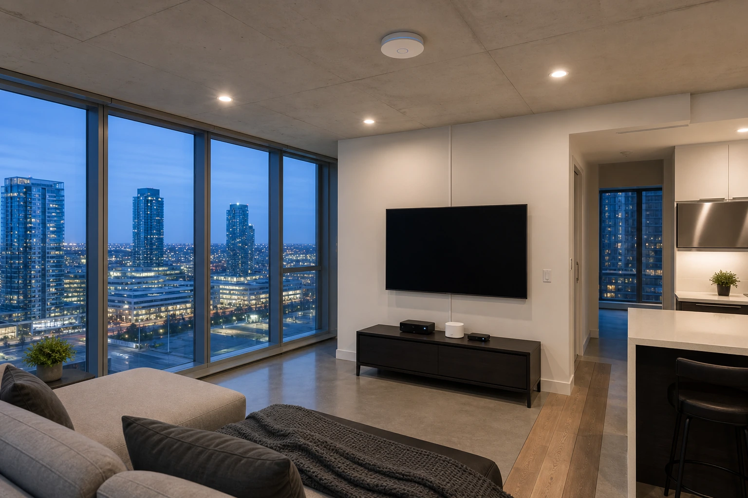 UniFi Dream Router 7 and a U7 Pro ceiling AP in a Vaughan Metropolitan Centre concrete-slab condo suite at Transit City or CG Tower