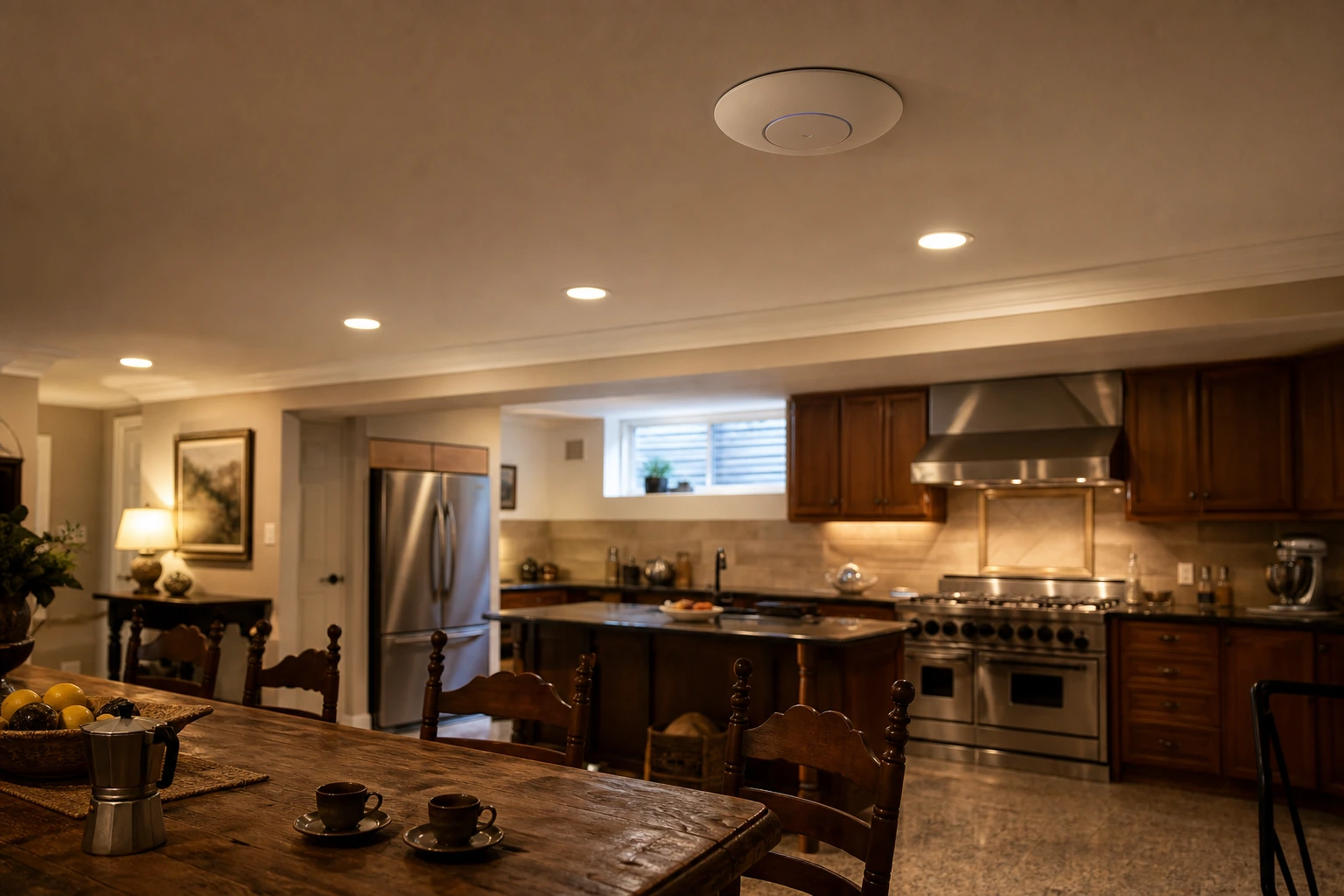 UniFi U7 Pro access point ceiling-mounted over a finished Woodbridge basement summer kitchen and in-law suite in Vaughan