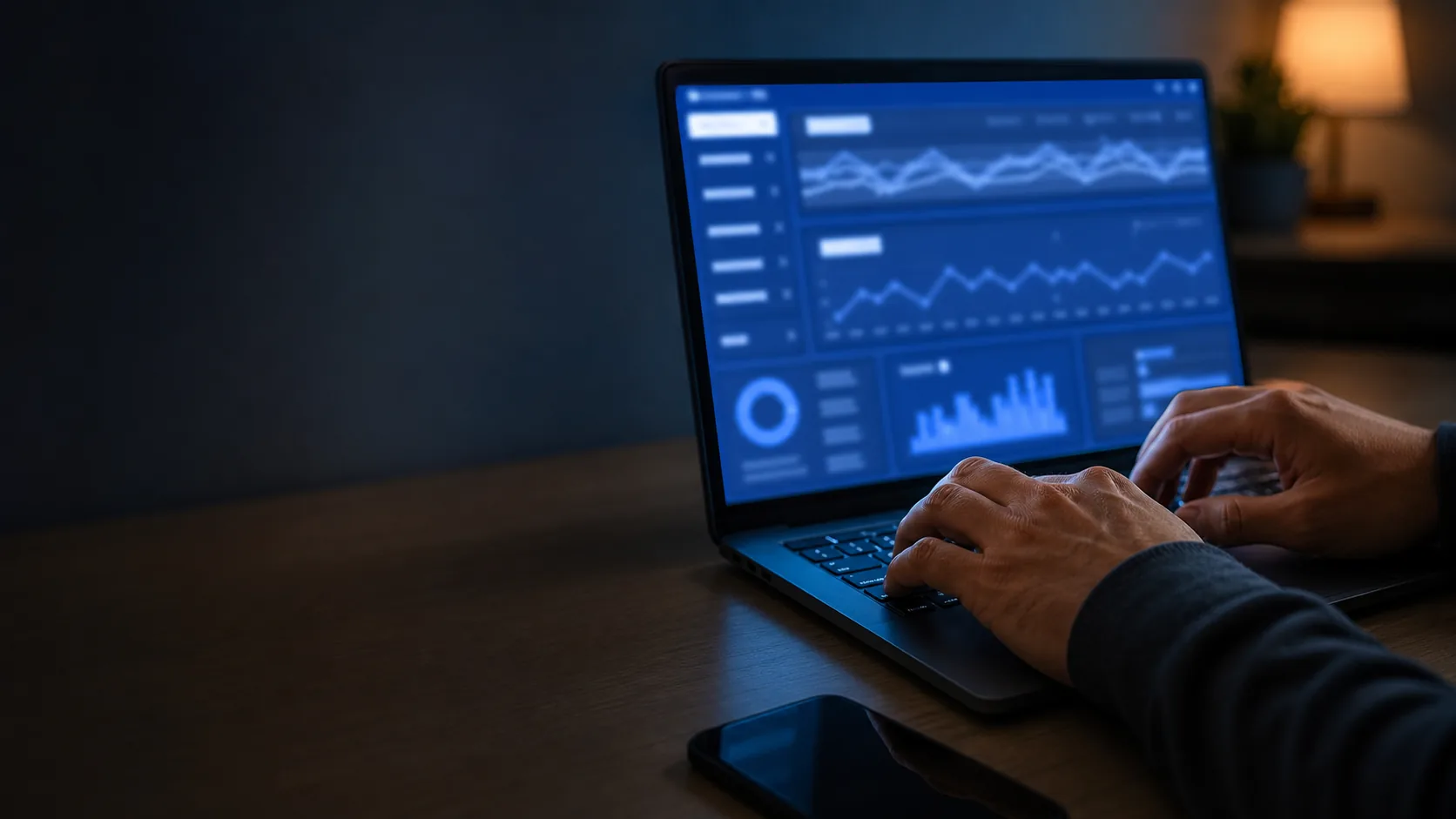 A technician's hands on a laptop keyboard managing a home network remotely at night, soft blue monitor glow, representing off-hours network troubleshooting