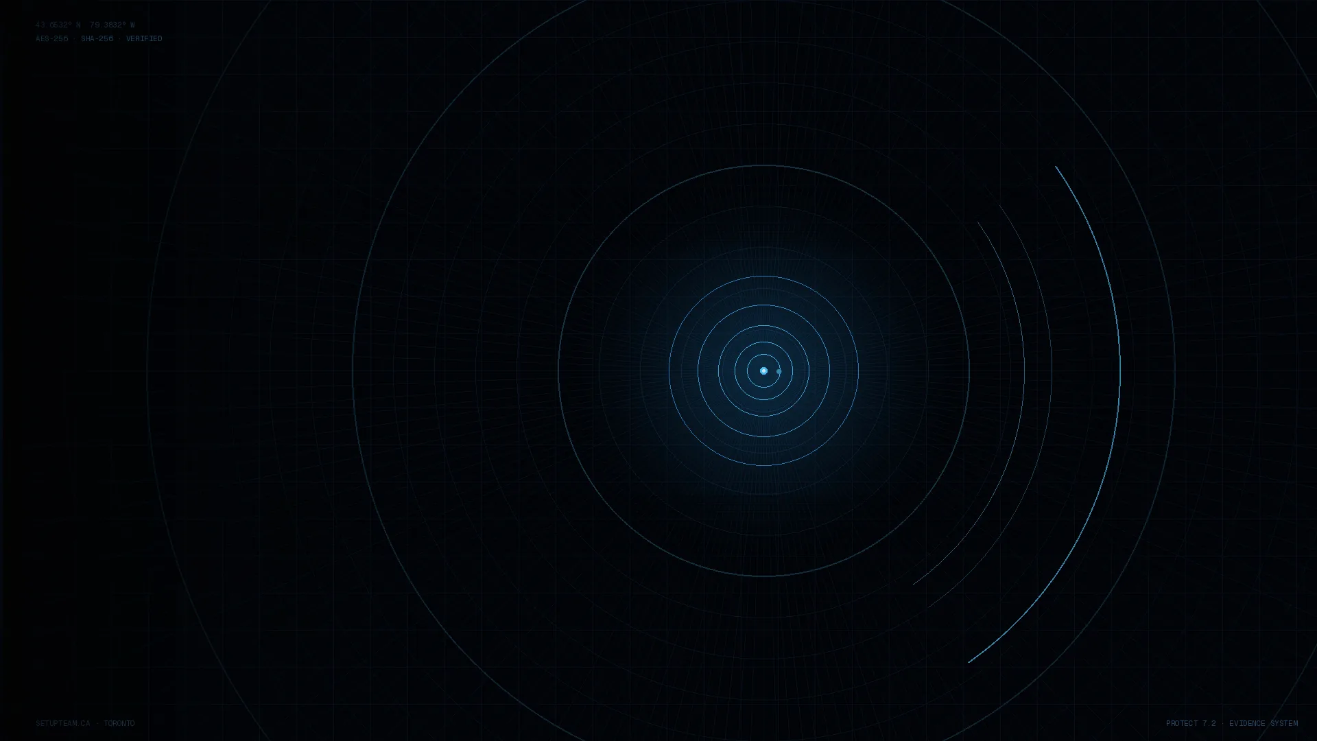 Dark blue concentric-ring radar graphic marked Protect 7.2 Evidence System and SHA-256 verified, over Toronto coordinates