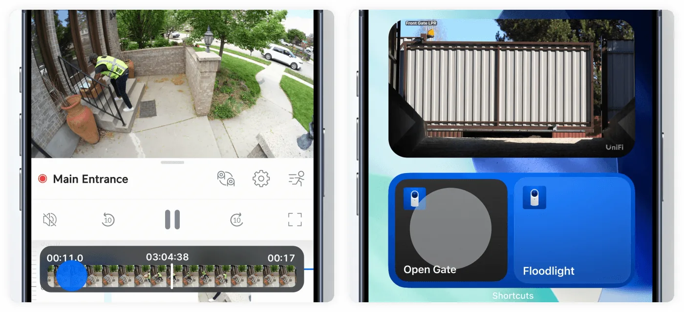 UniFi Protect 7.2 mobile app showing frame-by-frame timeline scrubbing on one phone and home screen widgets for gate access and floodlight control on another
