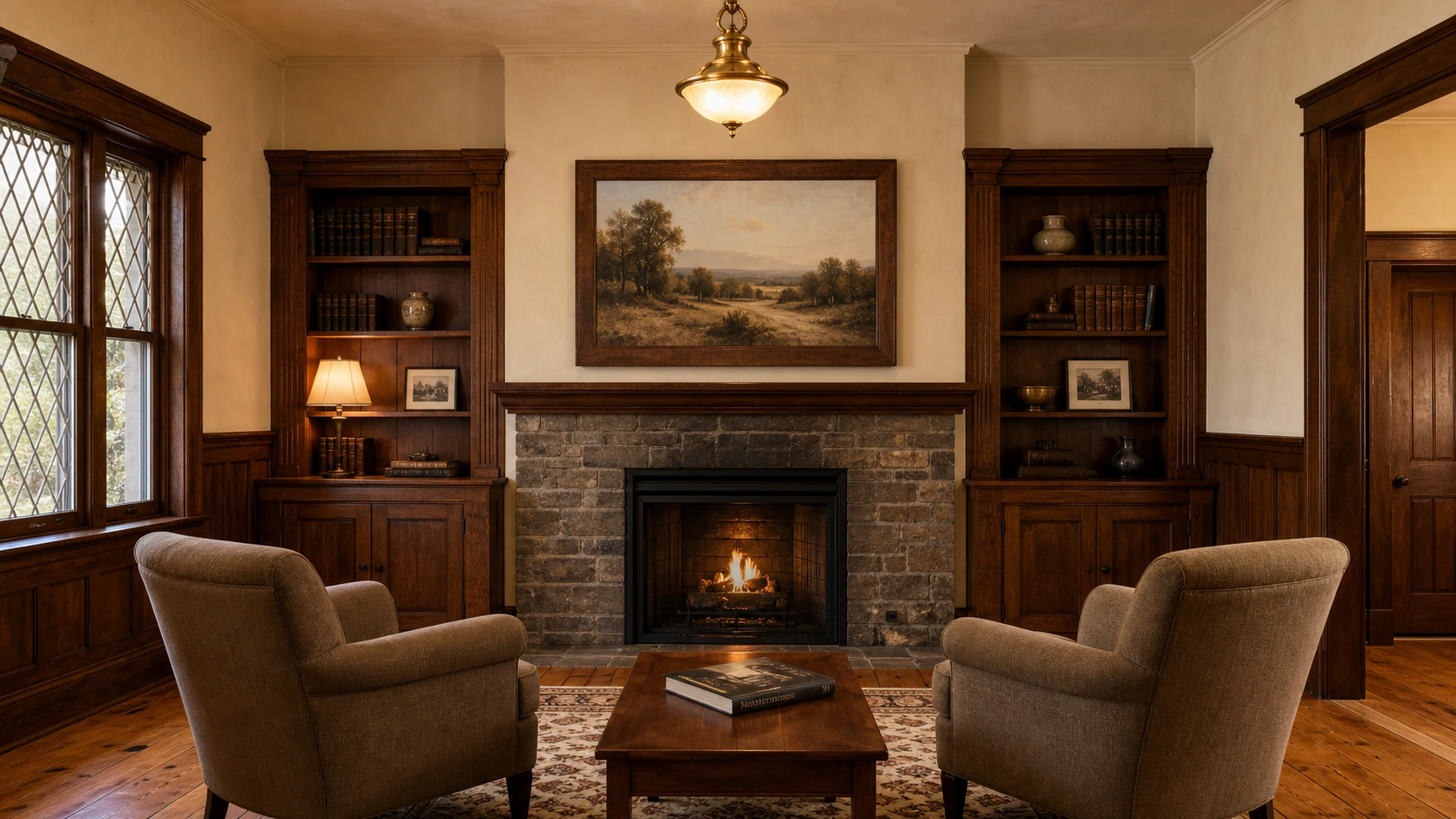 Unionville Main Street heritage parlour with original gumwood wainscotting, plaster walls, an original masonry fireplace, and a 55-inch Samsung Frame TV mounted flush above the mantel with a Beveled walnut bezel, Art Mode showing a soft Victorian-era landscape painting