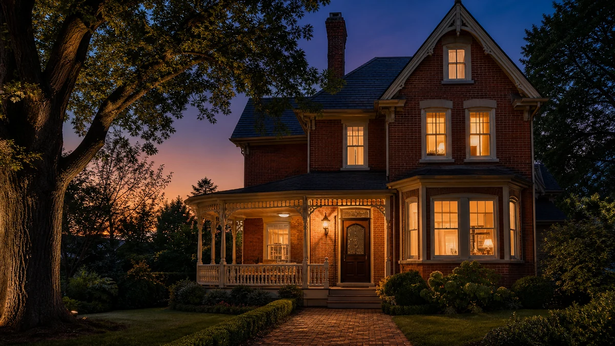 Late-Victorian Unionville detached home at evening with warm interior lighting visible through tall double-hung windows, original brick facade, mature trees framing the property near Main Street