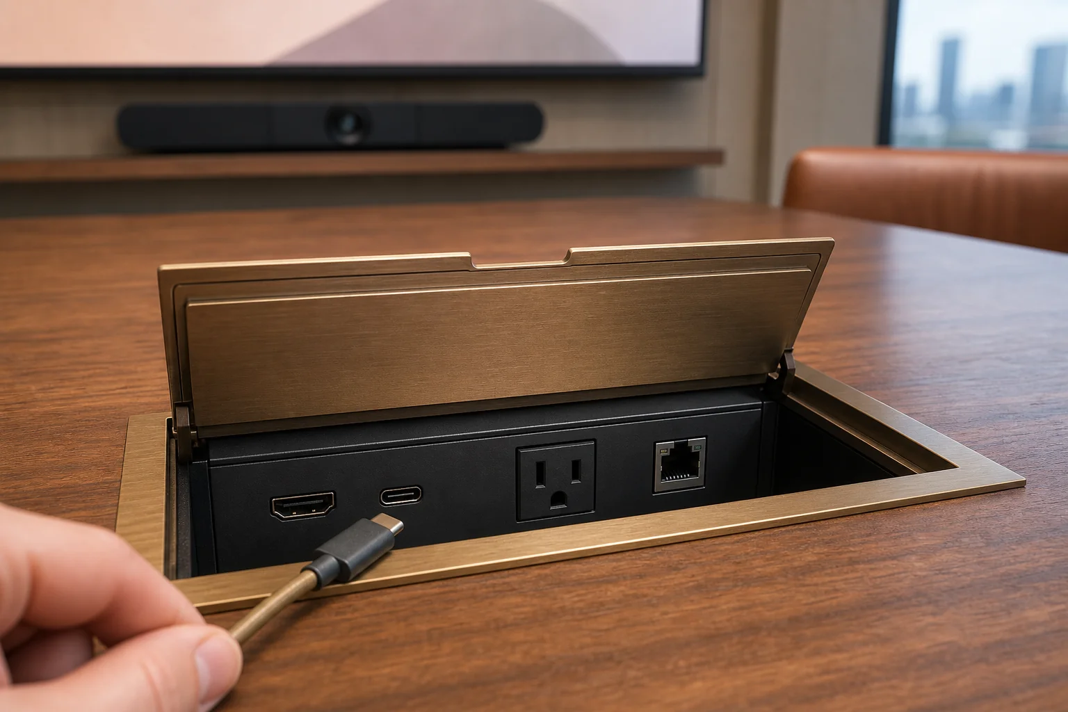 Open in-table cable cubby on a walnut conference table with a USB-C connector being plugged in by a presenter's hand, an HDMI port and power outlet visible inside the cubby, the front-of-room display showing the laptop's content in the soft-focus background