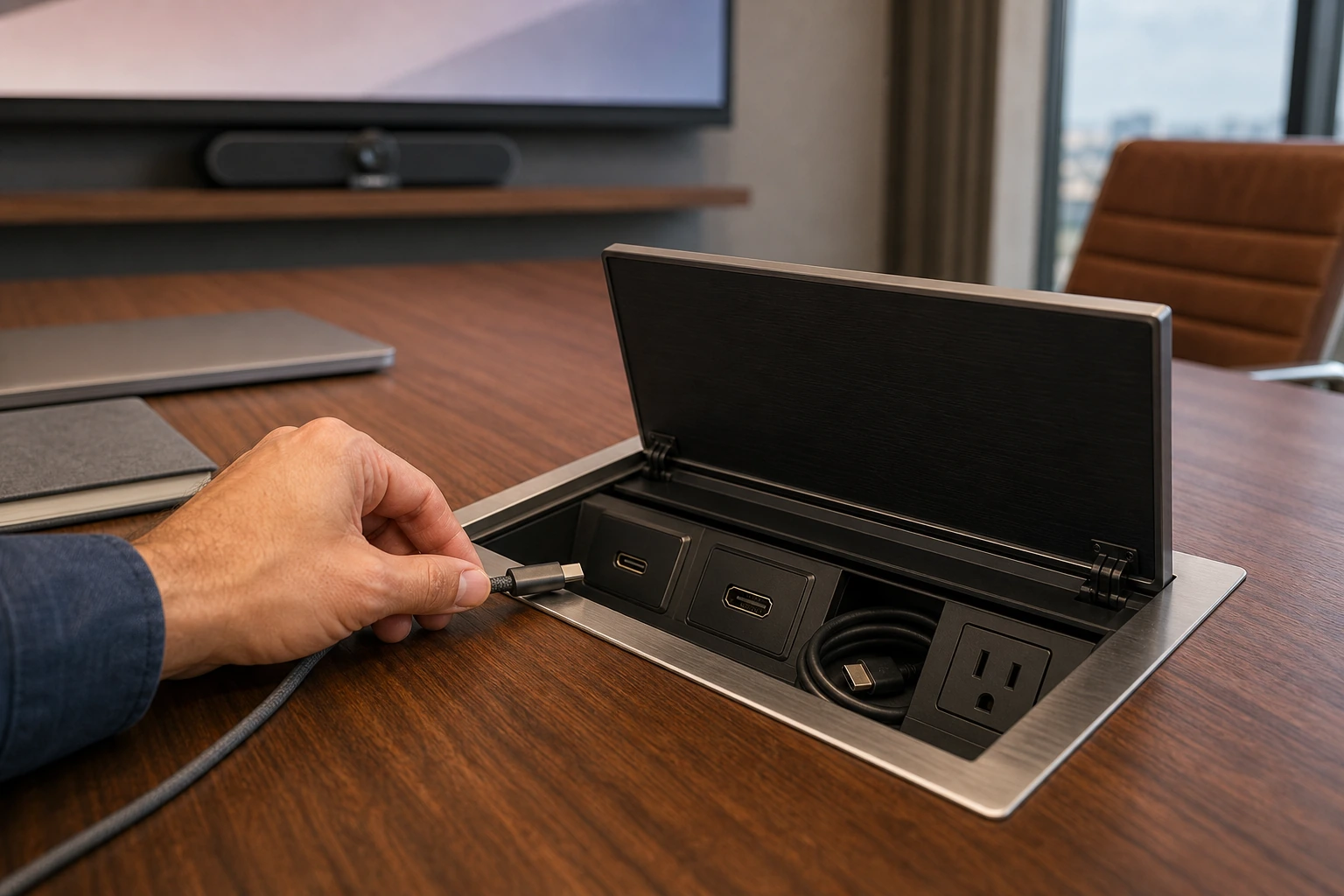 Open in-table cable cubby on a walnut conference table with a USB-C connector being plugged in by a presenter's hand, an HDMI port and power outlet visible inside the cubby, the front-of-room display showing the laptop's content in the soft-focus background