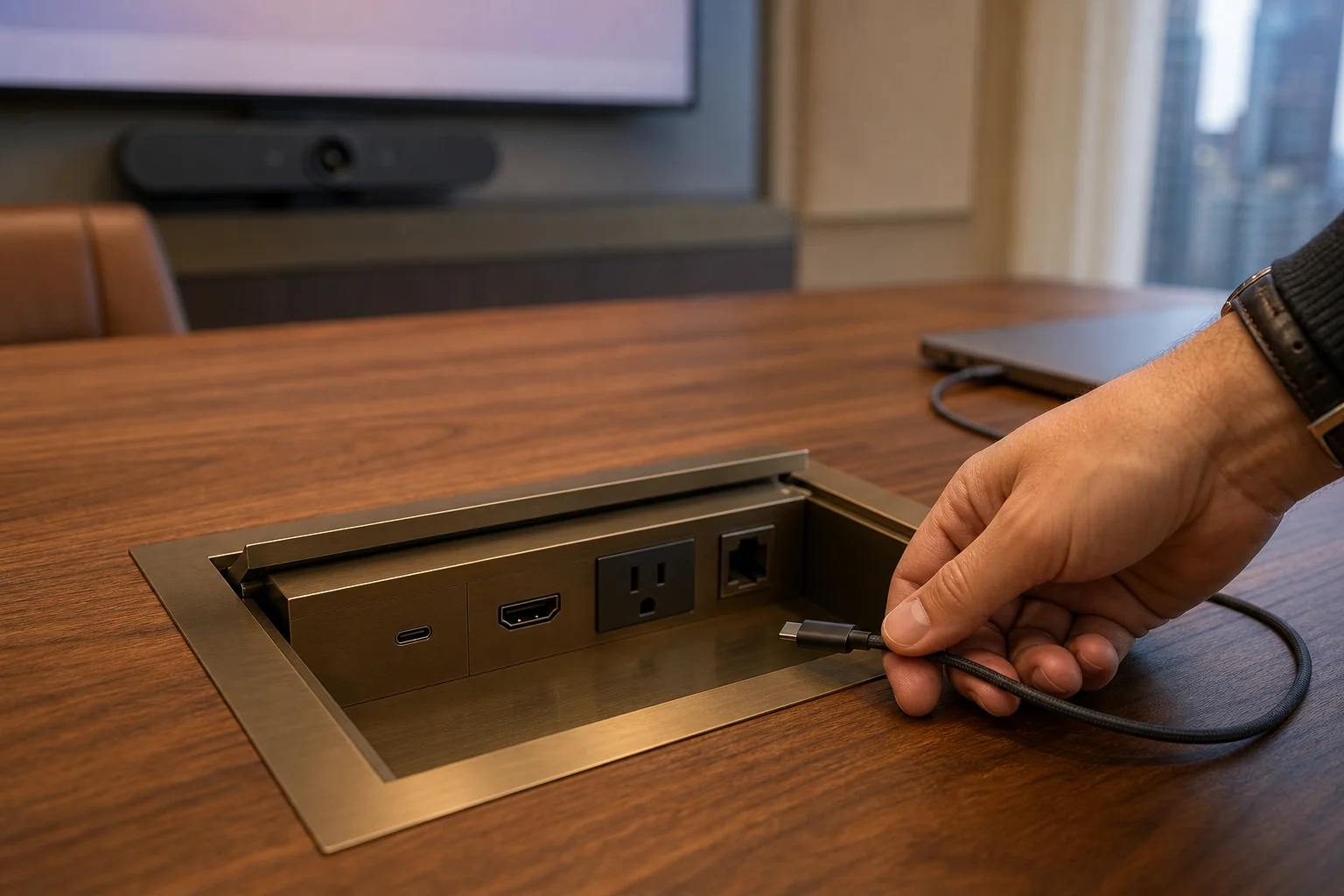 Open in-table cable cubby on a walnut conference table with a USB-C connector being plugged in by a presenter's hand, an HDMI port and power outlet visible inside the cubby, the front-of-room display showing the laptop's content in the soft-focus background
