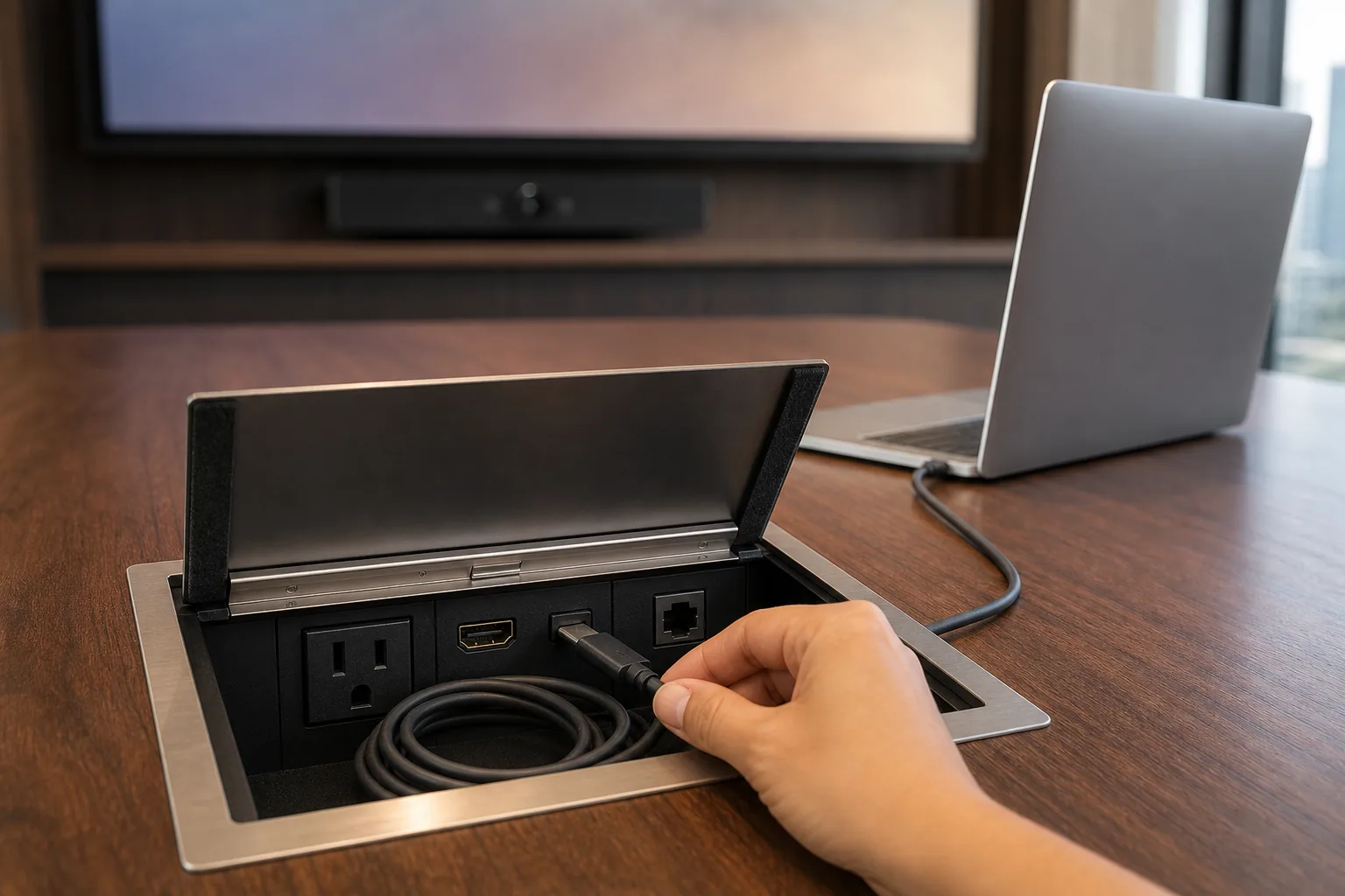 Open in-table cable cubby on a walnut conference table with a USB-C connector being plugged in by a presenter's hand, an HDMI port and power outlet visible inside the cubby