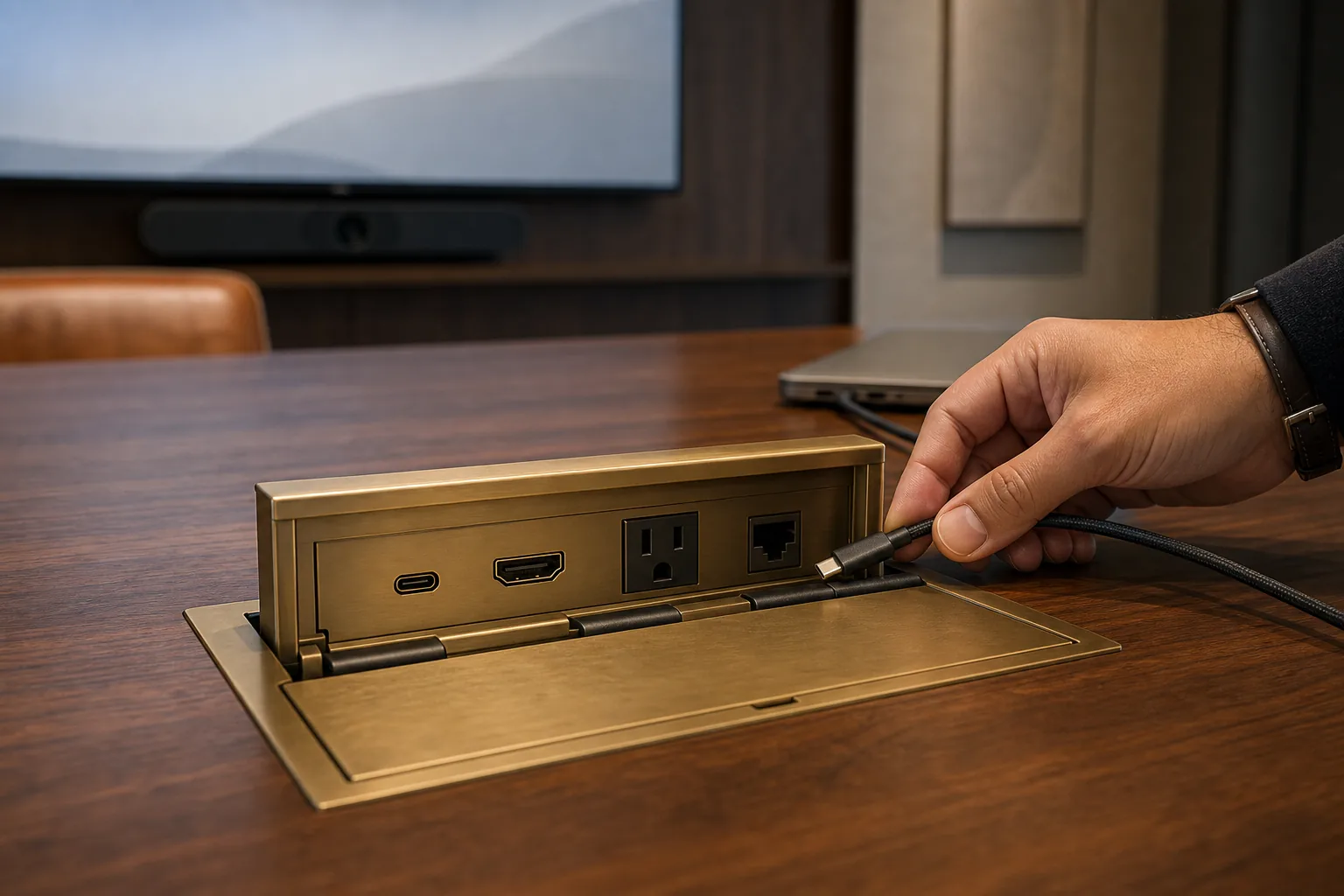 In-table cable cubby on a walnut conference table with a USB-C connector being plugged in by a presenter's hand &mdash; single-cable BYOD into a Yealink-equipped conference room