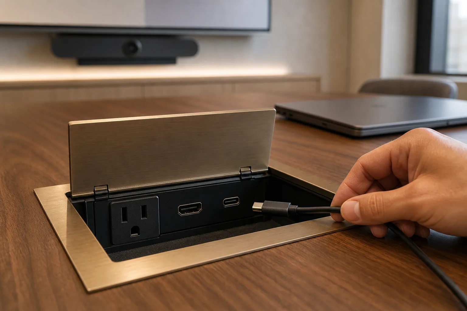 Open in-table cable cubby on a walnut conference table with a USB-C connector being plugged in, HDMI port and power outlet visible inside the cubby