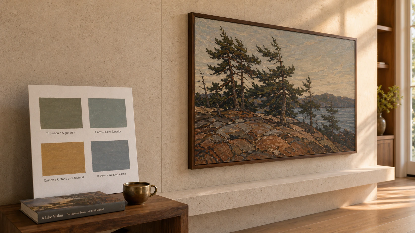 Curated Art Mode reference board next to a wall-mounted 75-inch Samsung Frame TV in a Kleinburg estate great room — printed palette swatches from Group of Seven works (Thomson Algonquin greens, Harris Lake Superior teal and grey, Casson architectural ochre, Jackson Quebec village blues) pinned to a portable foam-core board on a low walnut table, the Frame displaying a Tom Thomson-influenced Algonquin pine study in Art Mode, Beveled walnut bezel reading against warm rift-cut oak floors