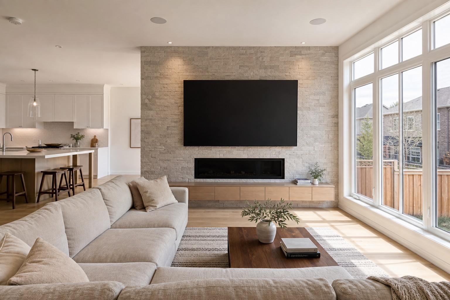 Modern Vaughan custom-build great room with a wall-mounted 4K display, concealed in-ceiling speakers, and a stone fireplace in daylight