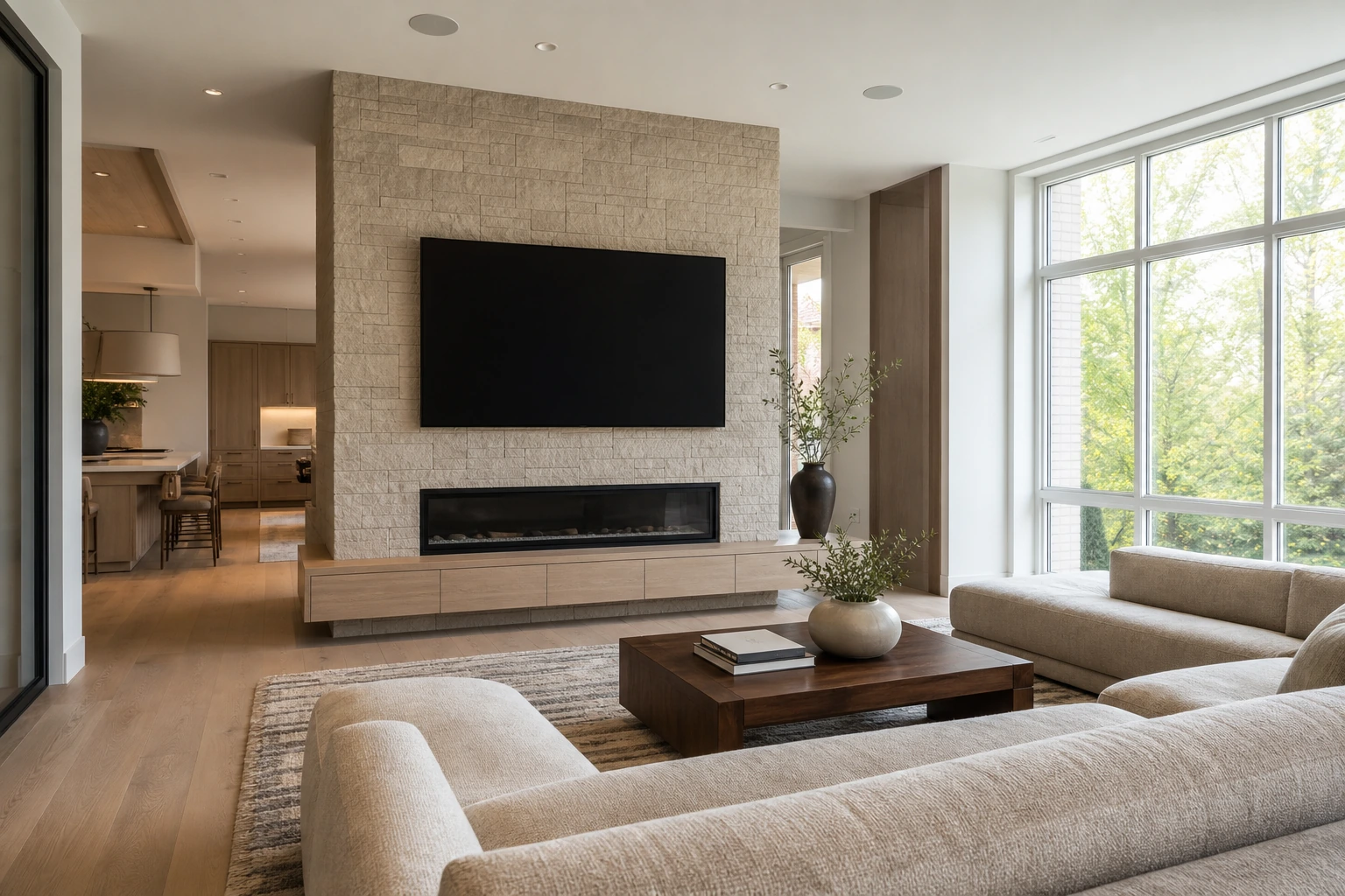Modern Vaughan custom-build great room with a wall-mounted 4K display, concealed in-ceiling speakers, and a stone fireplace in daylight