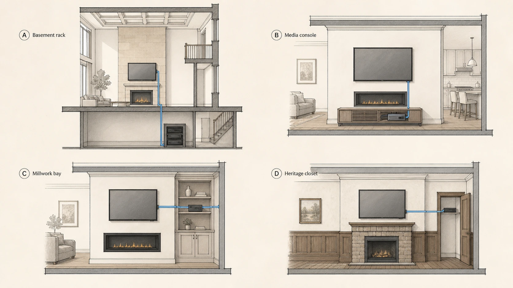 Editorial illustration showing the common One Connect Box retrofit locations across Vaughan housing typologies — basement equipment rack via in-wall vertical cable run for Kleinburg estate cathedral great rooms, media console for Woodbridge and Maple family great room and VMC and 7CentraL condo, built-in millwork bay flanking the fireplace for mid-range Woodbridge and Maple custom builds, and back-of-wall closet for Kleinburg-Nashville, Thornhill, Maple, and Woodbridge HCD heritage interiors — with the Invisible Connection cable path drawn from each location to the back of the screen