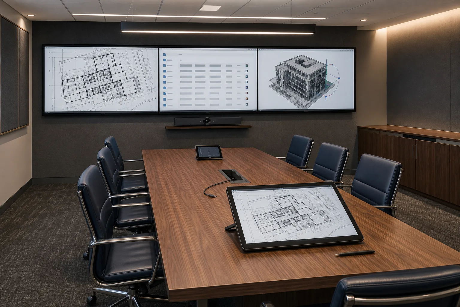 Vaughan construction-firm project-visualization room with a triple-display front-of-room showing an architectural site plan, an Autodesk Construction Cloud screen, and a BIM 360 model side-by-side, a walnut-and-steel credenza along the side wall, and a Wacom Cintiq drawing tablet on the conference table